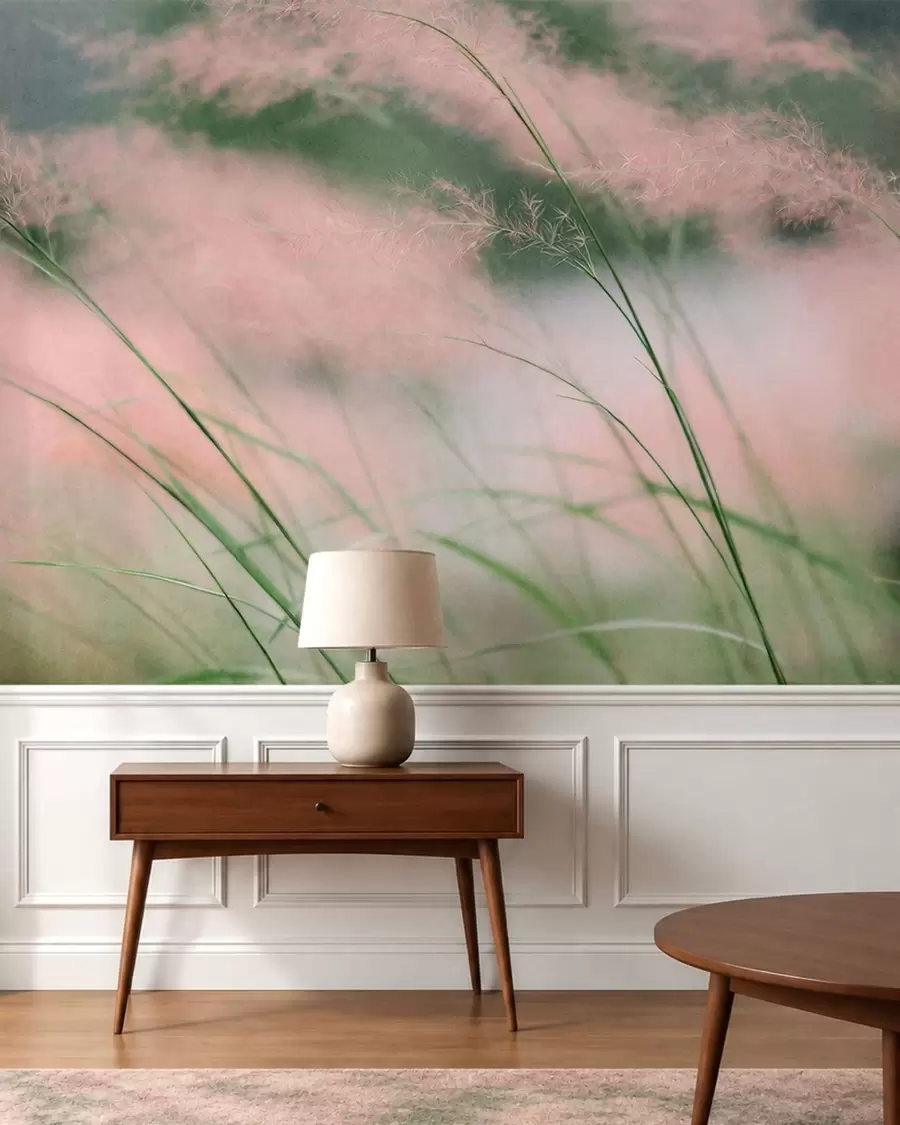 Papier peint Des herbes d'un rose délicat sur un fond vert tendre w05886v1