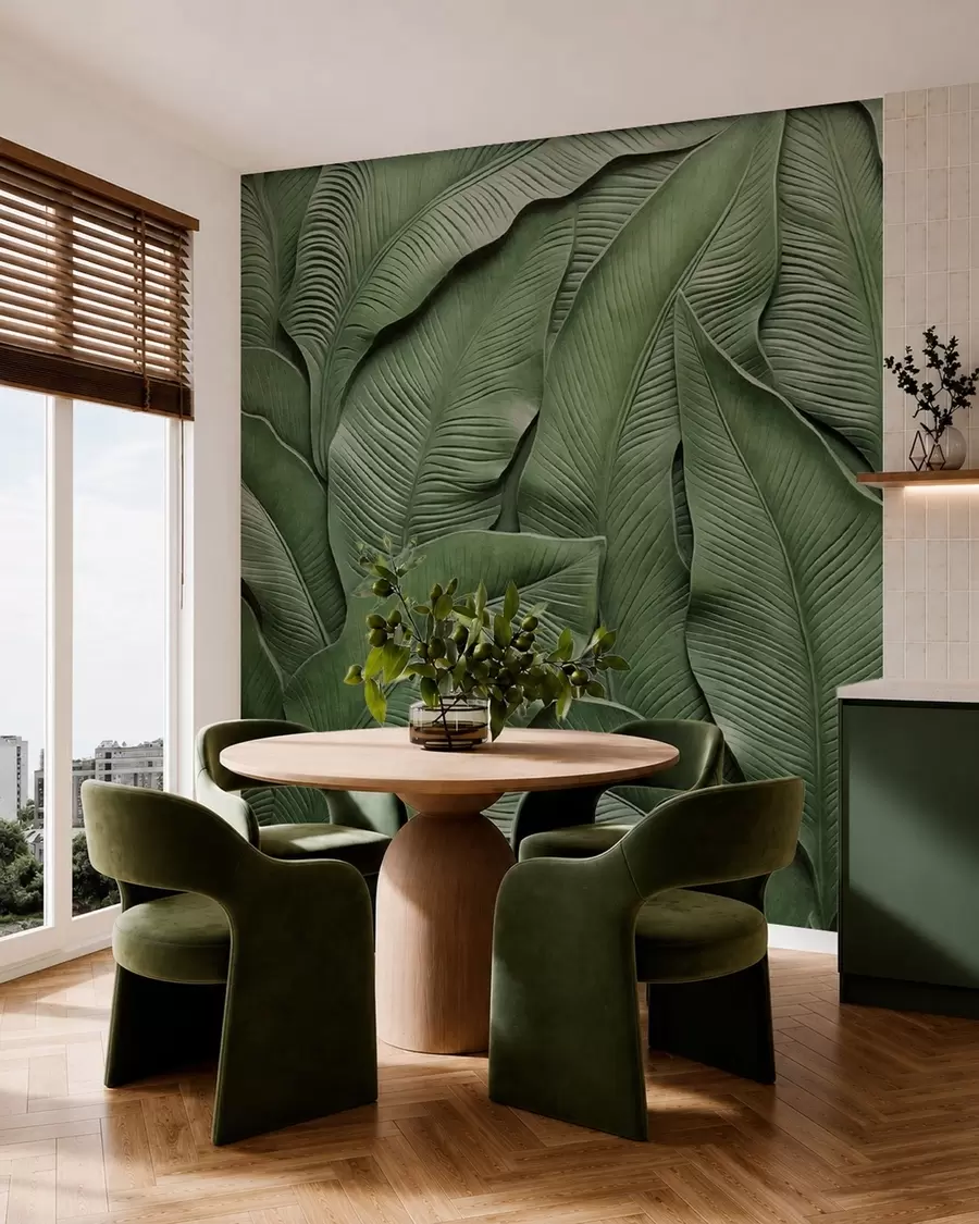 Papier peint Motif dense composé de grandes feuilles vertes w05887