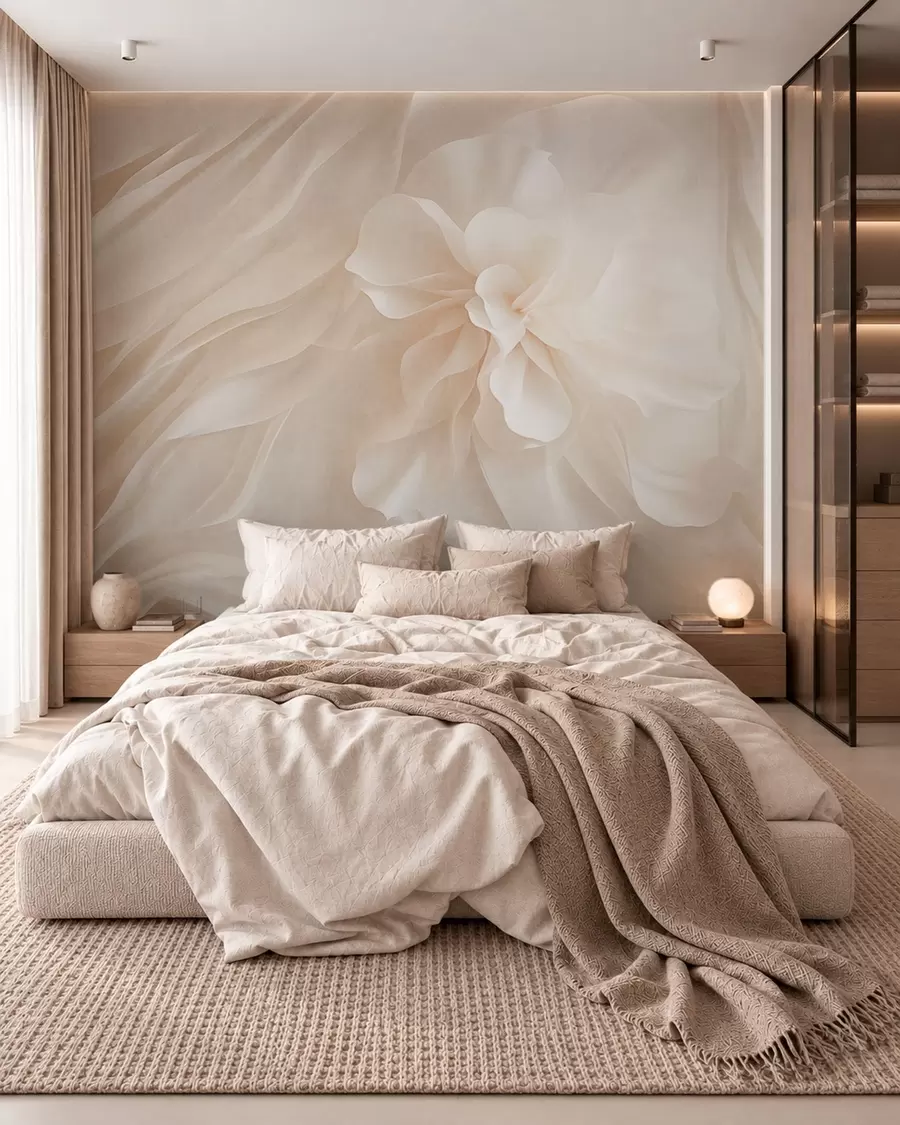 Papier peint Une fleur blanche volumineuse au milieu de formes vaporeuses aux teintes pâles w05894