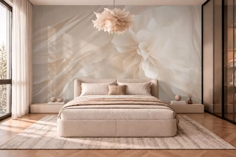 Papier peint Une fleur blanche volumineuse au milieu de formes vaporeuses aux teintes pâles w05894