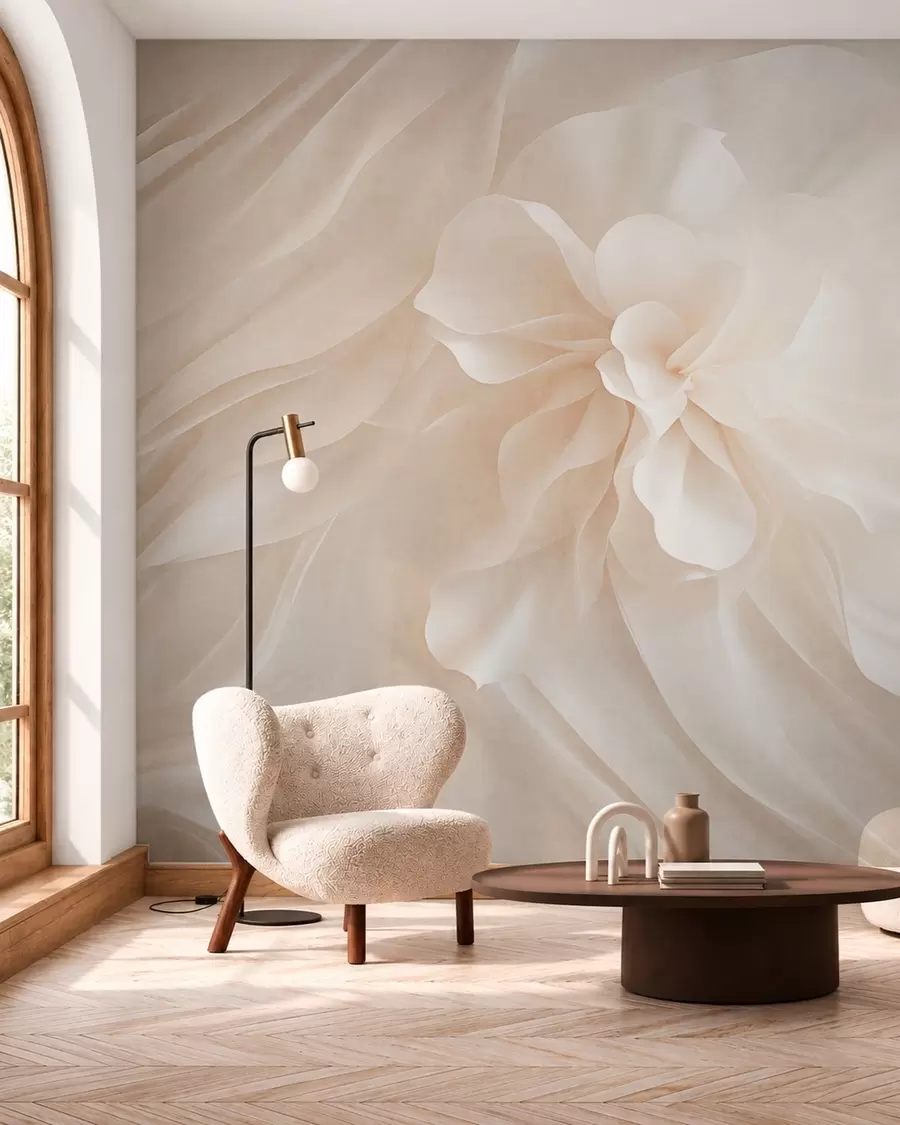 Papier peint Une fleur blanche volumineuse au milieu de formes vaporeuses aux teintes pâles w05894