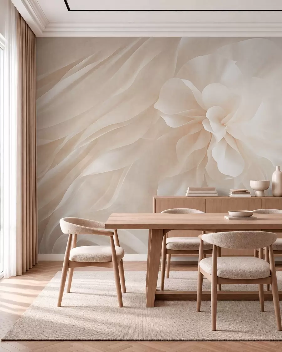 Papier peint Une fleur blanche volumineuse au milieu de formes vaporeuses aux teintes pâles w05894