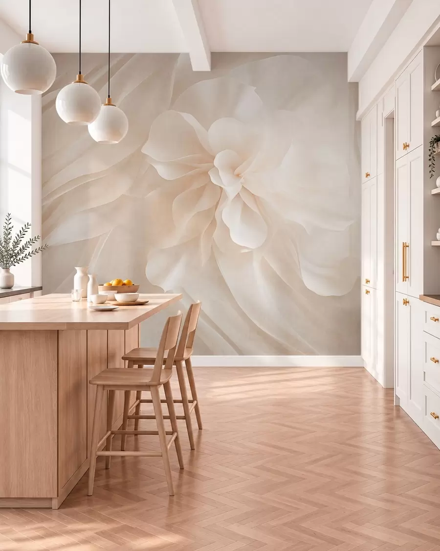 Papier peint Une fleur blanche volumineuse au milieu de formes vaporeuses aux teintes pâles w05894