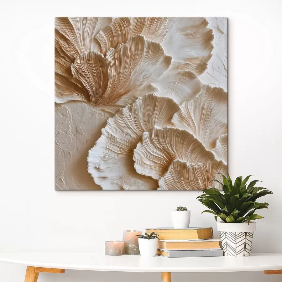 Tableau Une décoration d'intérieur contemporaine et abstraite, avec des formes tridimensionnelles en éventail dans des tons beiges chauds s50004