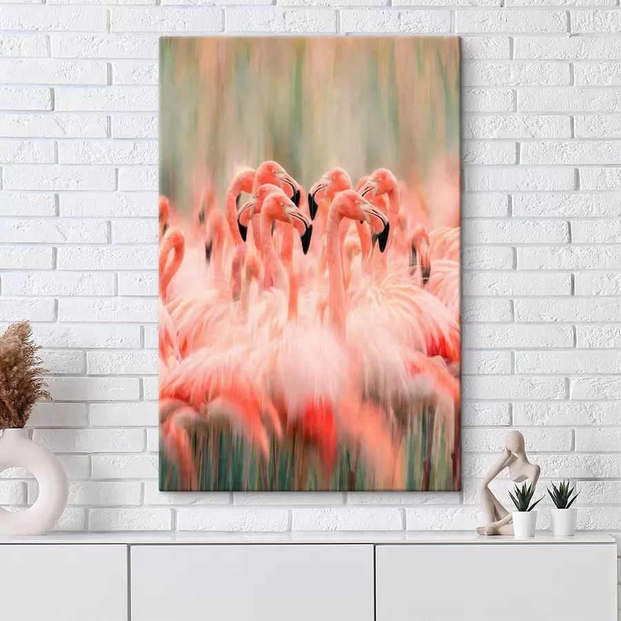 Tableau Une volée de flamants roses avec un effet flou artistique, dans une palette de couleurs pastel s50008