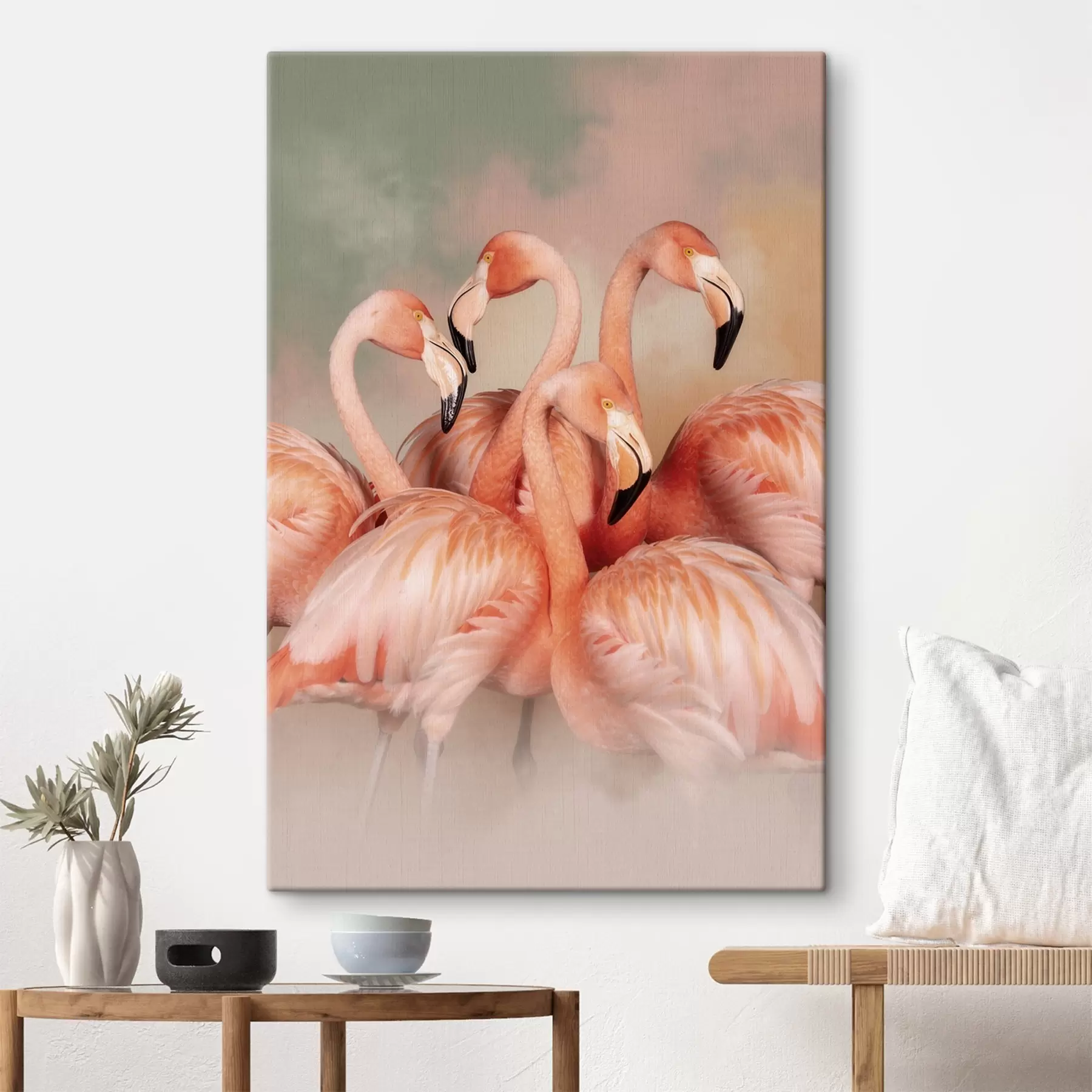 Tableau Des flamants roses dans un voile de teintes pastel : une composition décorative s50009