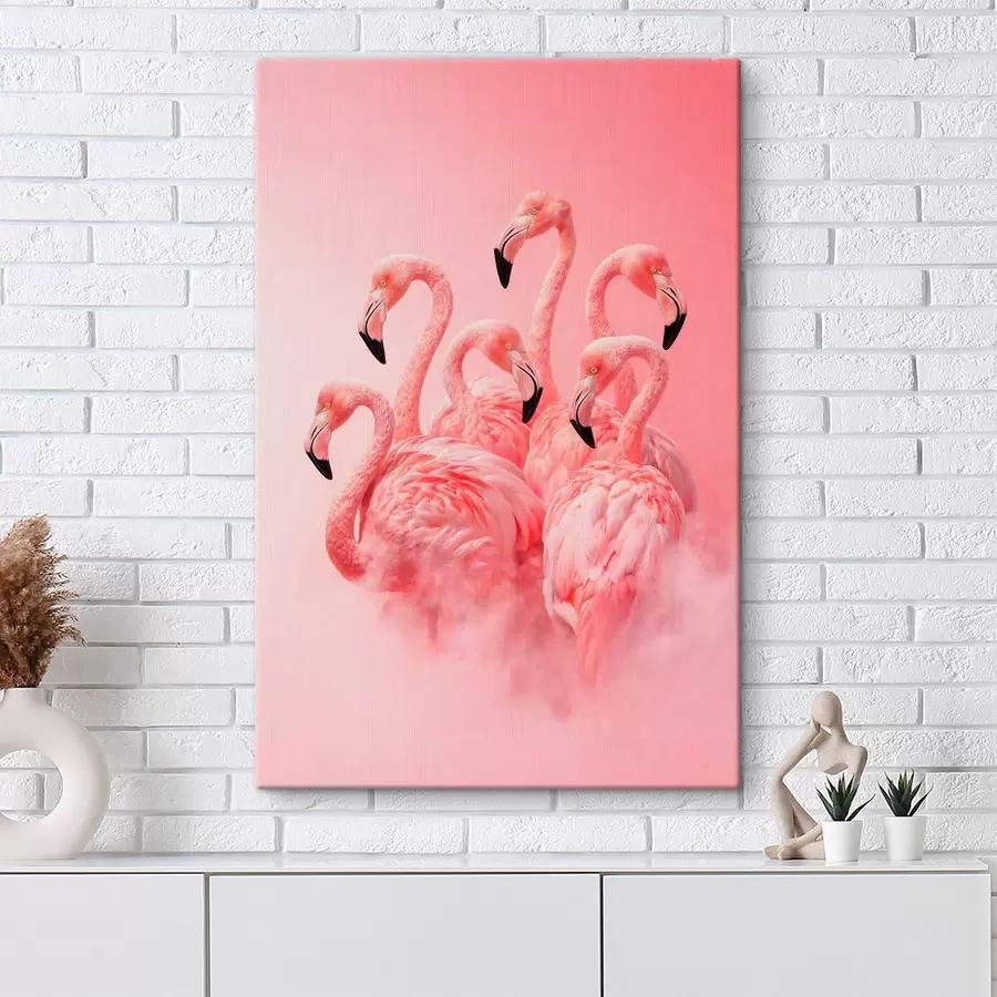 Tableau Des flamants roses dans une légère brume : une scène décorative aux tons délicats s50010