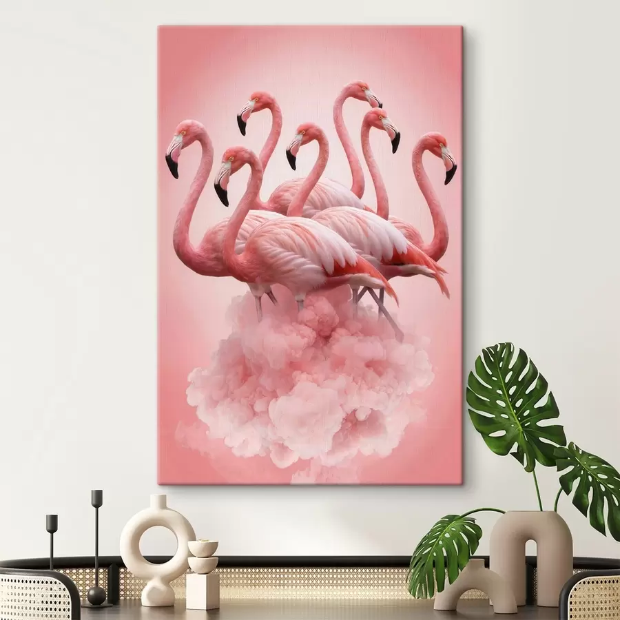 Tableau Une composition représentant des flamants roses gracieux au-dessus d'un nuage rose, dans une palette de couleurs pastel s50011