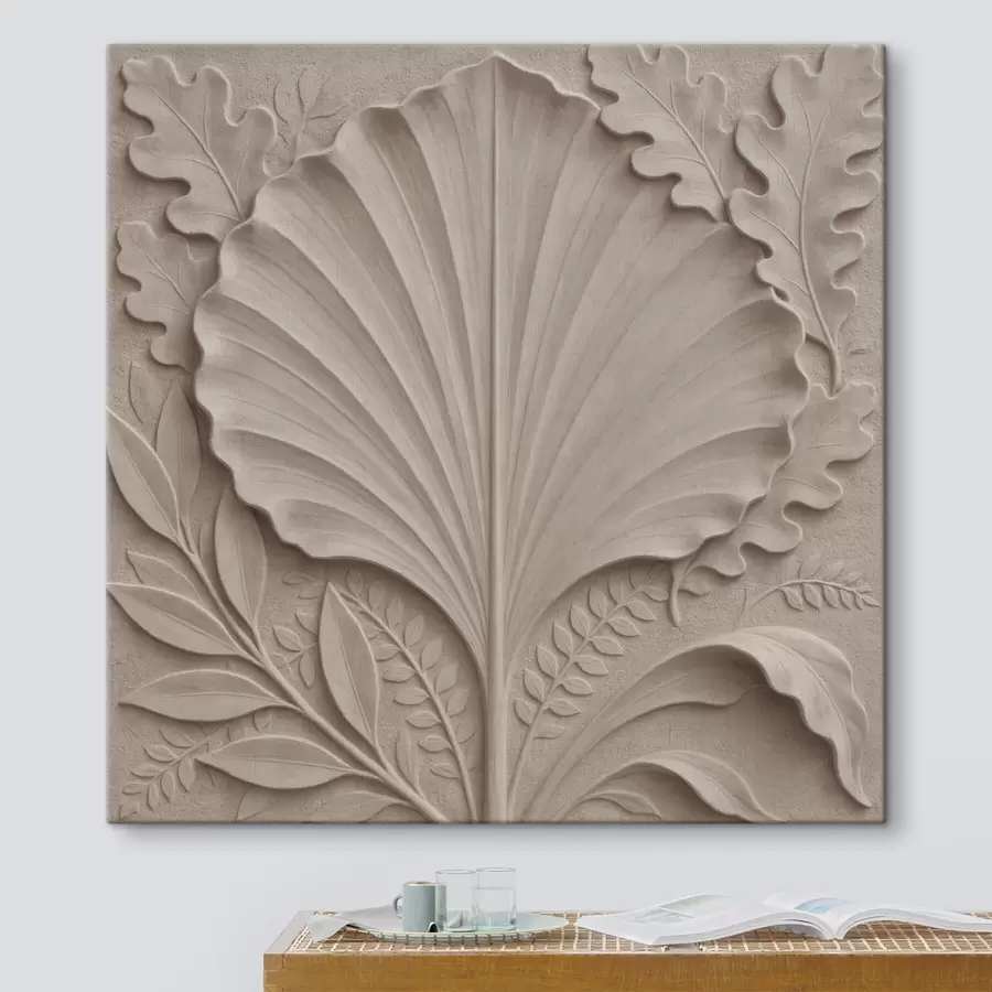 Tableau Un motif botanique composé de feuilles décoratives dans une palette de tons beiges et sable s50012