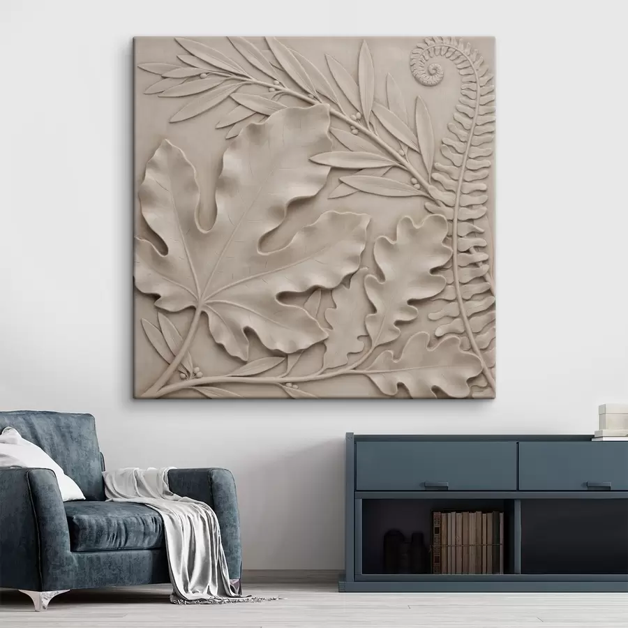 Tableau Une composition botanique en relief, composée de feuilles et de branches texturées, dans un style de bas-relief s50013