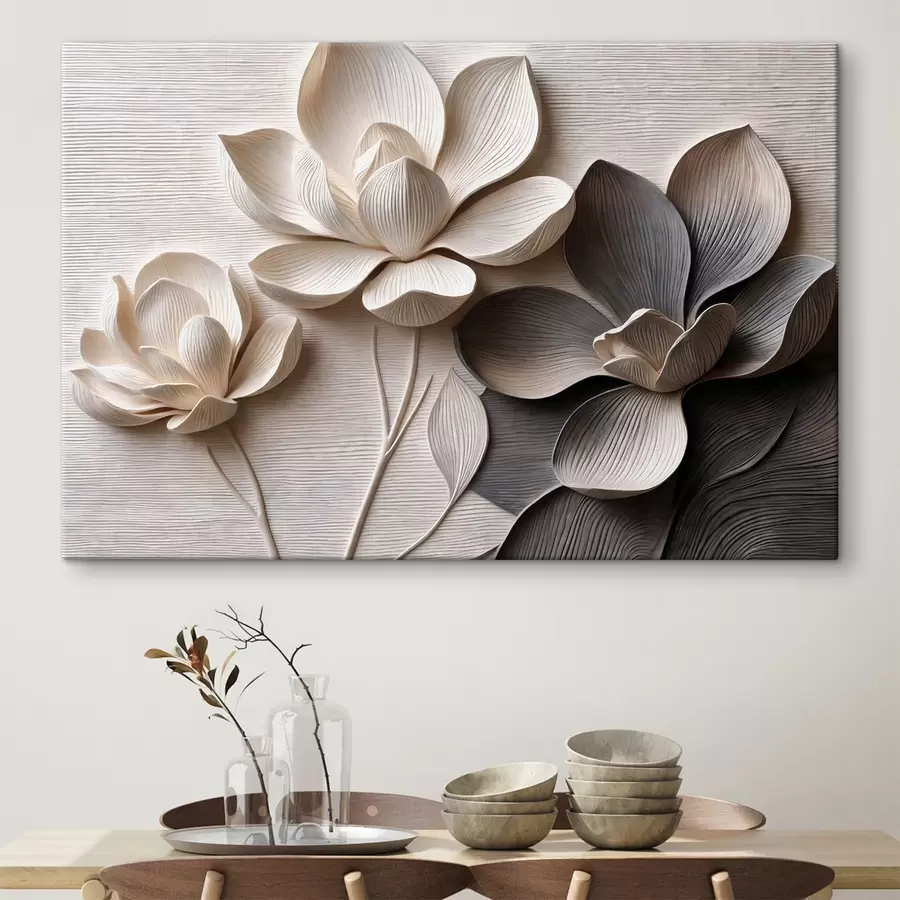 Tableau Fleurs décoratives en relief dans des tons crème clair et graphite s50014