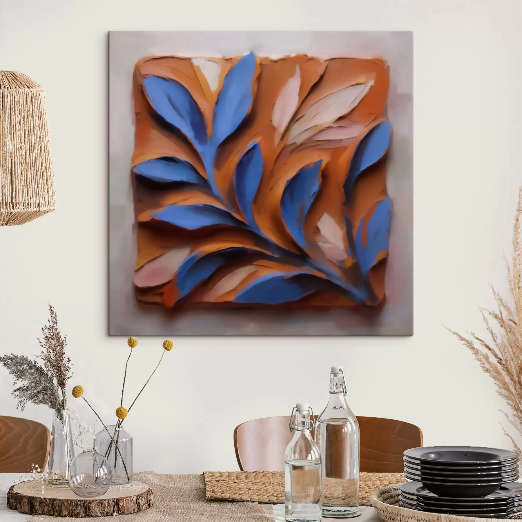 Tableau Composition botanique en relief, avec des feuilles bleues sur fond de terre cuite, réalisée selon la technique de l'impasto s50018
