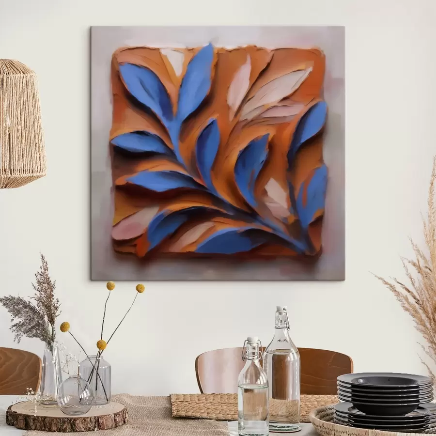 Tableau Composition botanique en relief, avec des feuilles bleues sur fond de terre cuite, réalisée selon la technique de l'impasto s50018