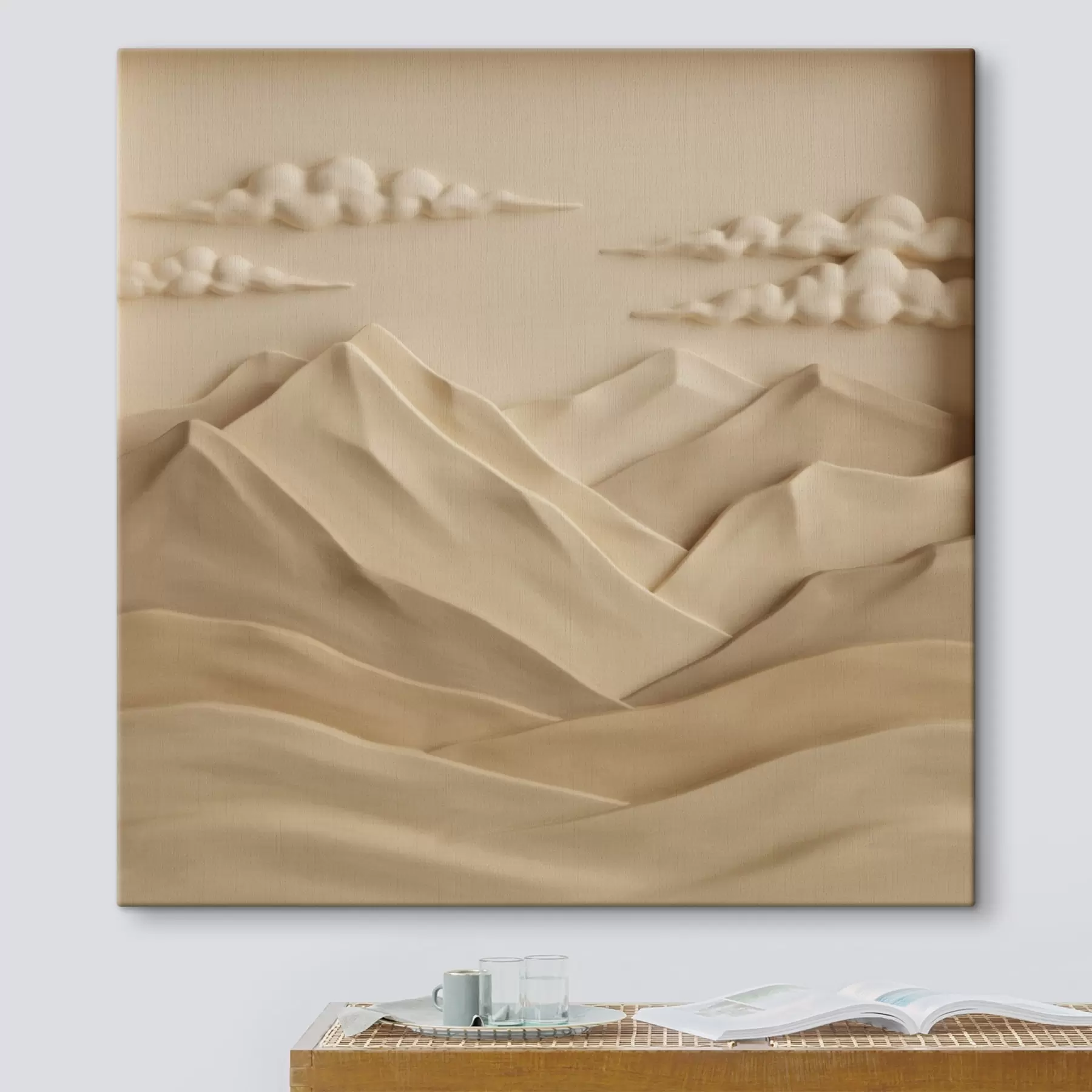 Tableau Un paysage minimaliste avec des montagnes et des nuages en relief, dans un style contemporain s50019