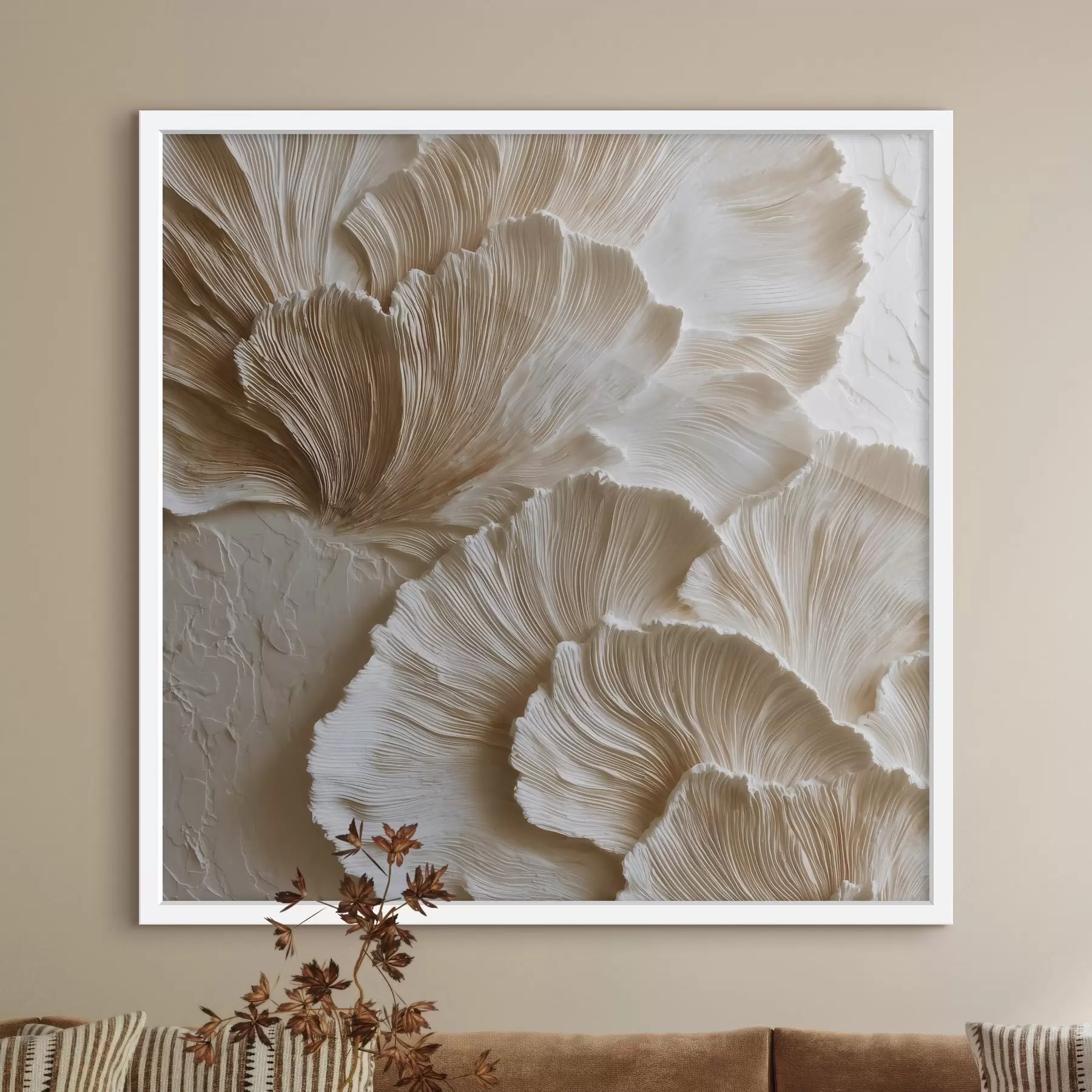Papier peint Une décoration d'intérieur contemporaine et abstraite, avec des formes tridimensionnelles en éventail dans des tons beiges chauds f50004