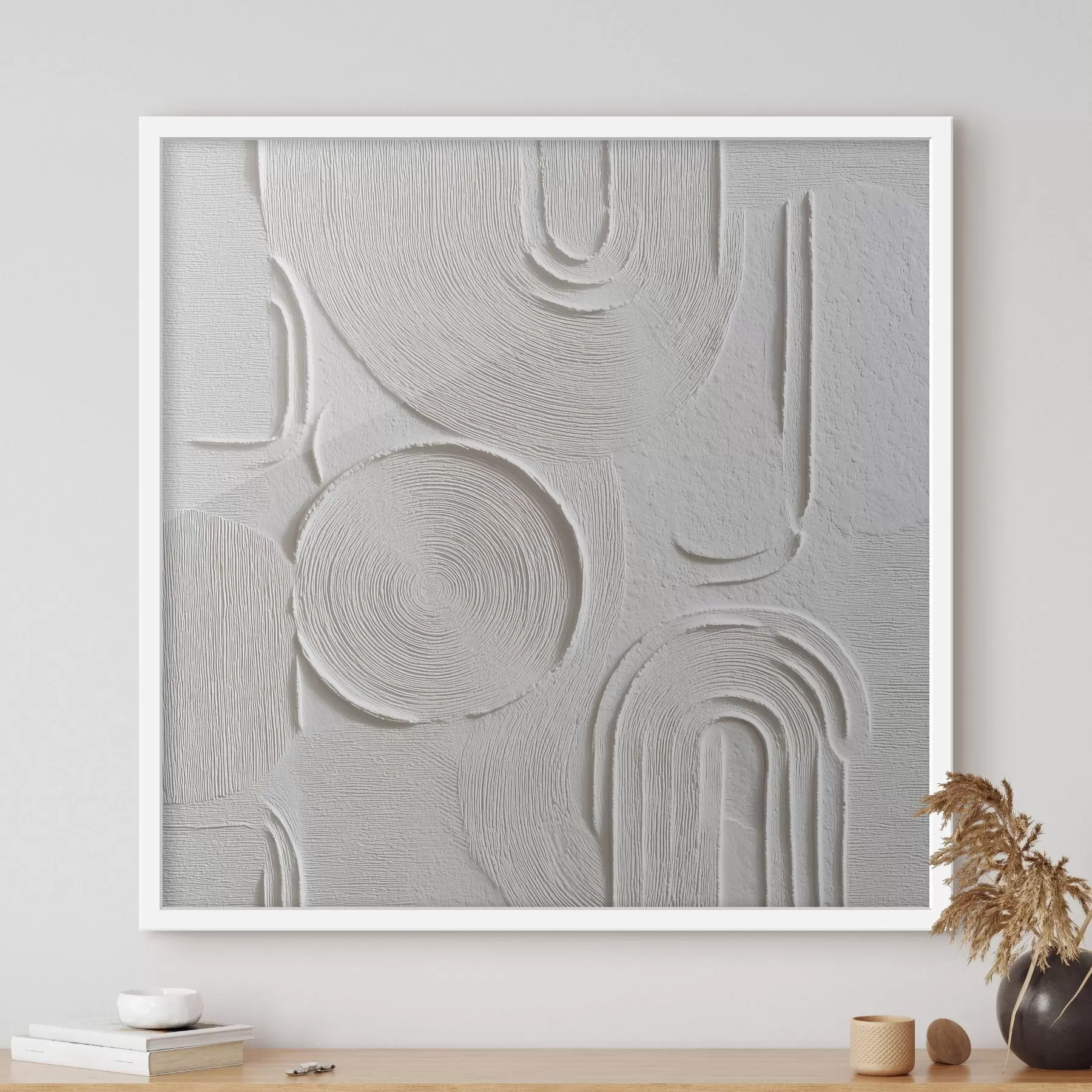 Papier peint Abstraction contemporaine en architecture d'intérieur, avec une surface en relief texturée dans une palette de blancs et de gris f50006