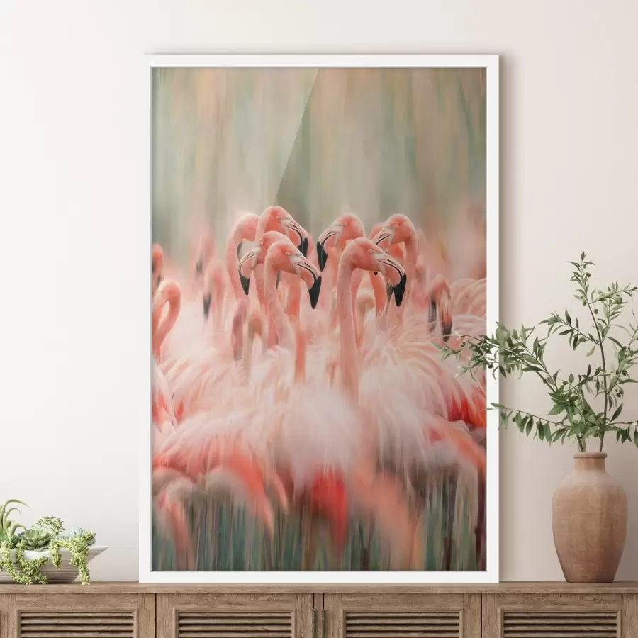 Papier peint Une volée de flamants roses avec un effet flou artistique, dans une palette de couleurs pastel f50008