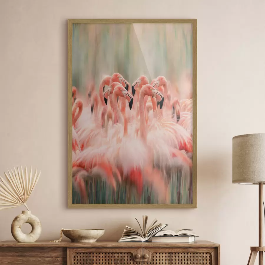 Papier peint Une volée de flamants roses avec un effet flou artistique, dans une palette de couleurs pastel f50008