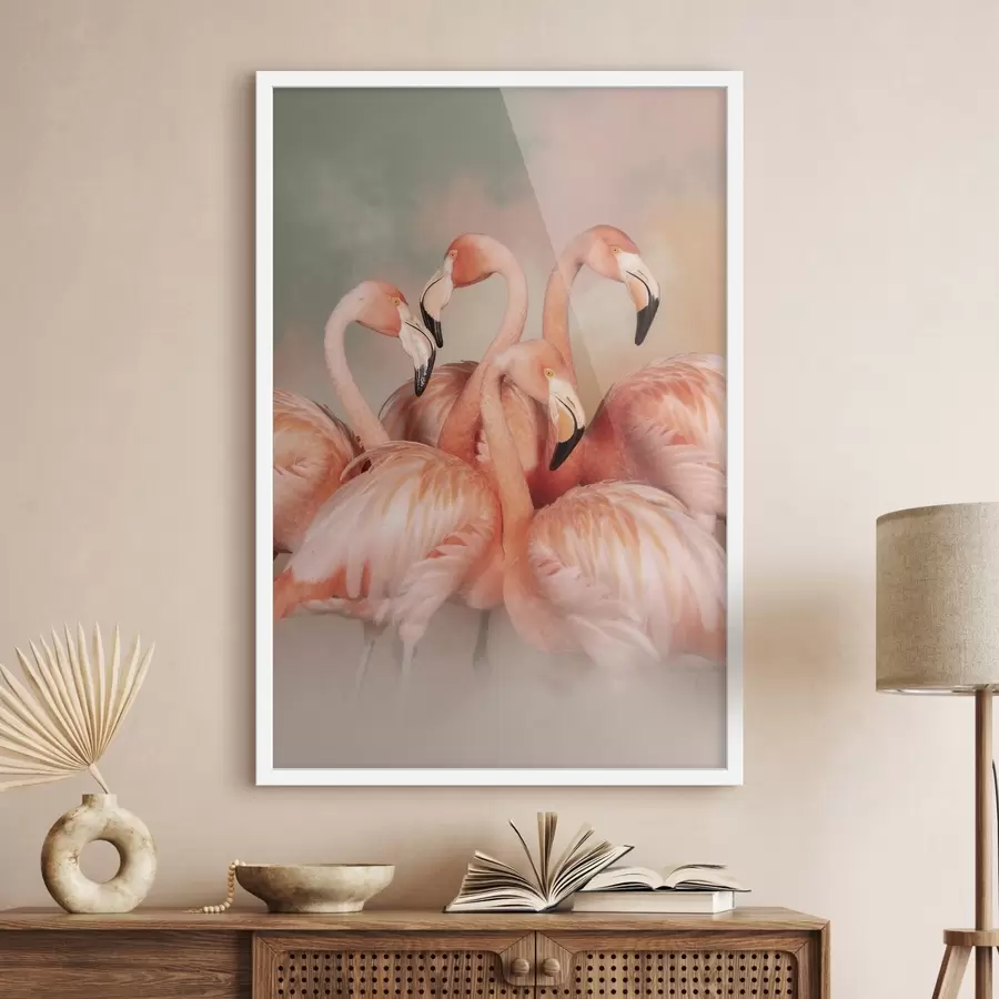 Papier peint Des flamants roses dans un voile de teintes pastel : une composition décorative f50009