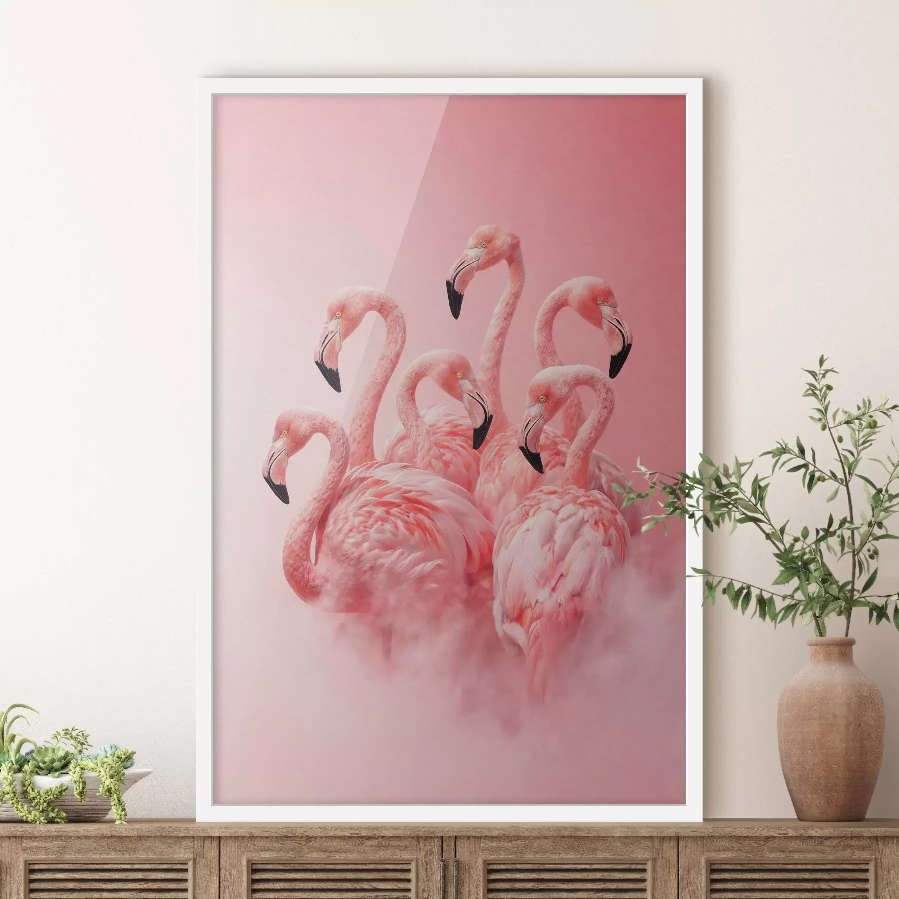 Papier peint Des flamants roses dans une légère brume : une scène décorative aux tons délicats f50010