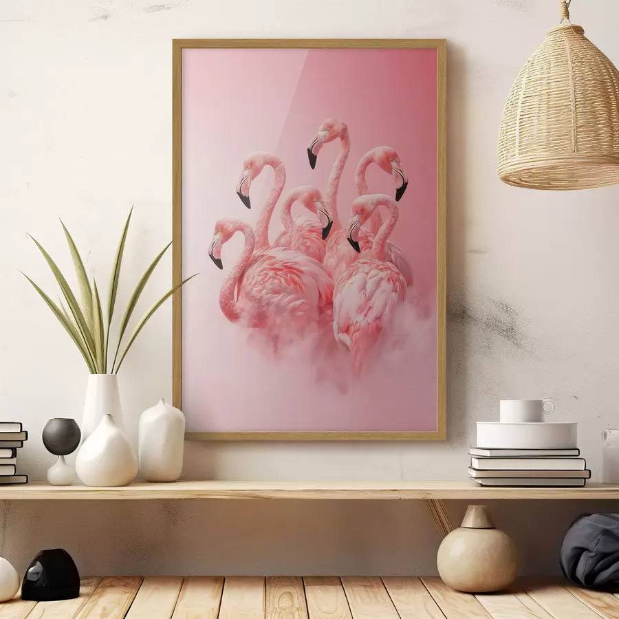 Papier peint Des flamants roses dans une légère brume : une scène décorative aux tons délicats f50010