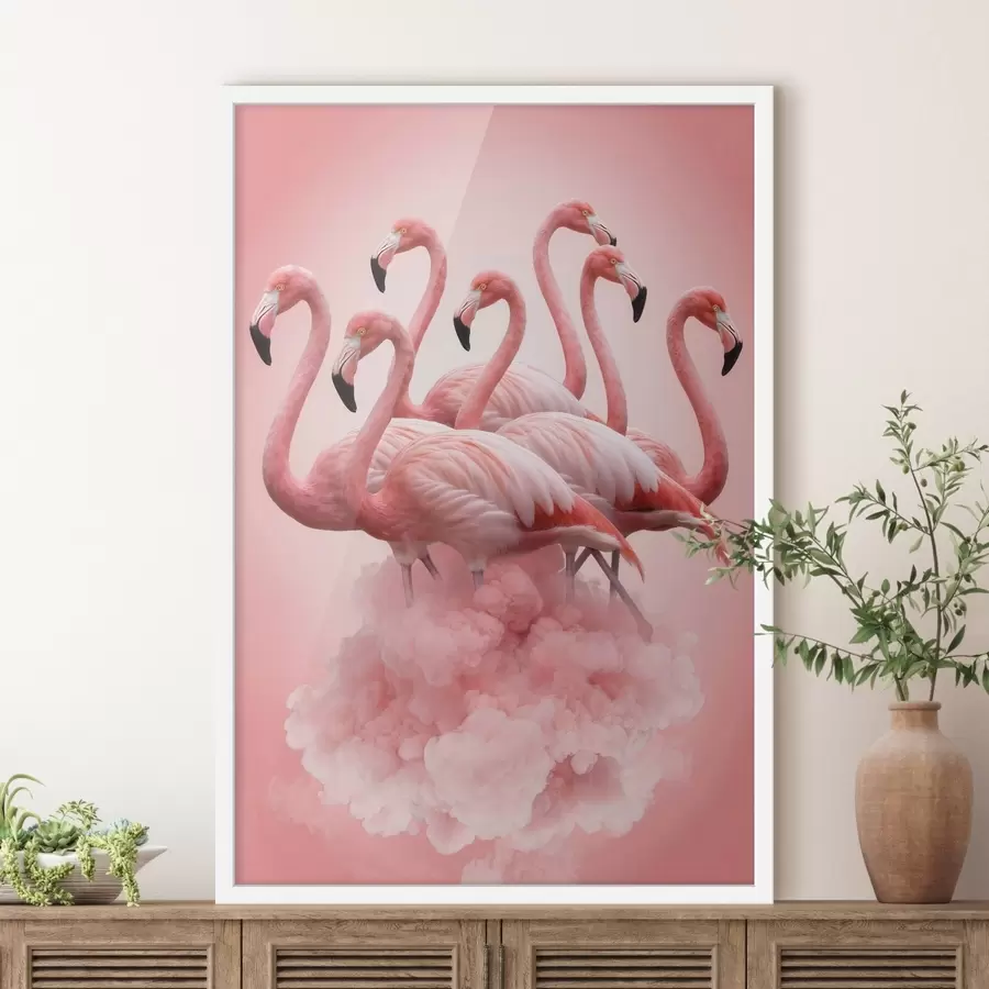 Papier peint Une composition représentant des flamants roses gracieux au-dessus d'un nuage rose, dans une palette de couleurs pastel f50011