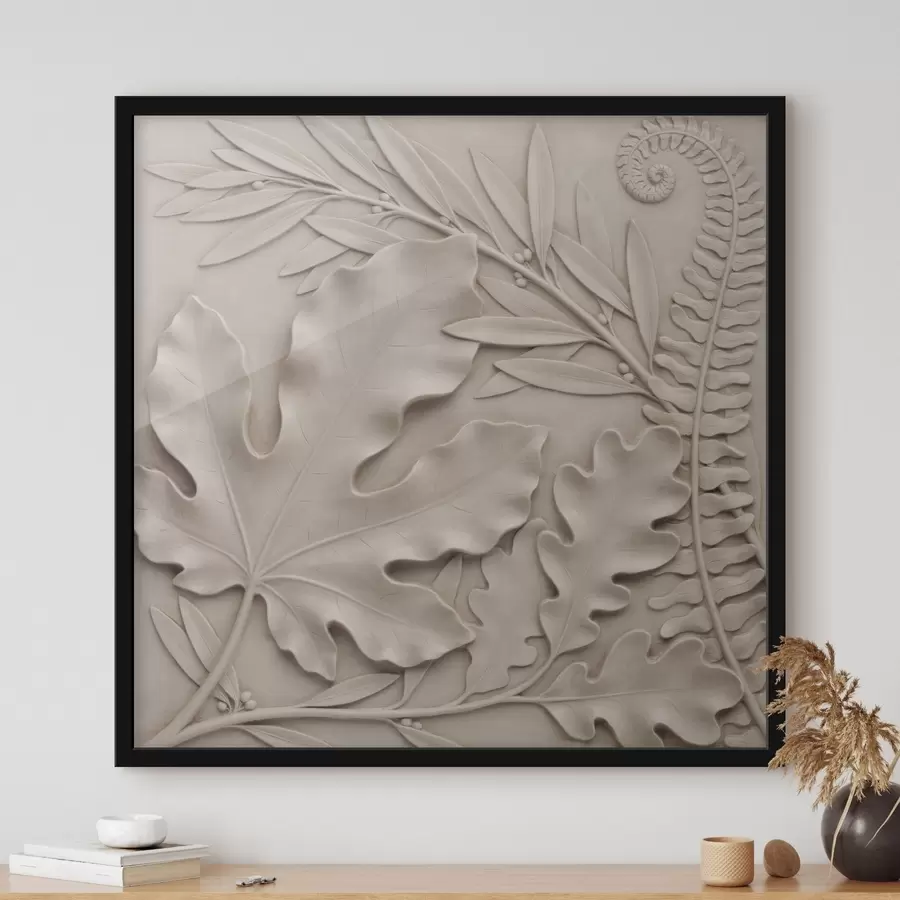 Papier peint Une composition botanique en relief, composée de feuilles et de branches texturées, dans un style de bas-relief f50013