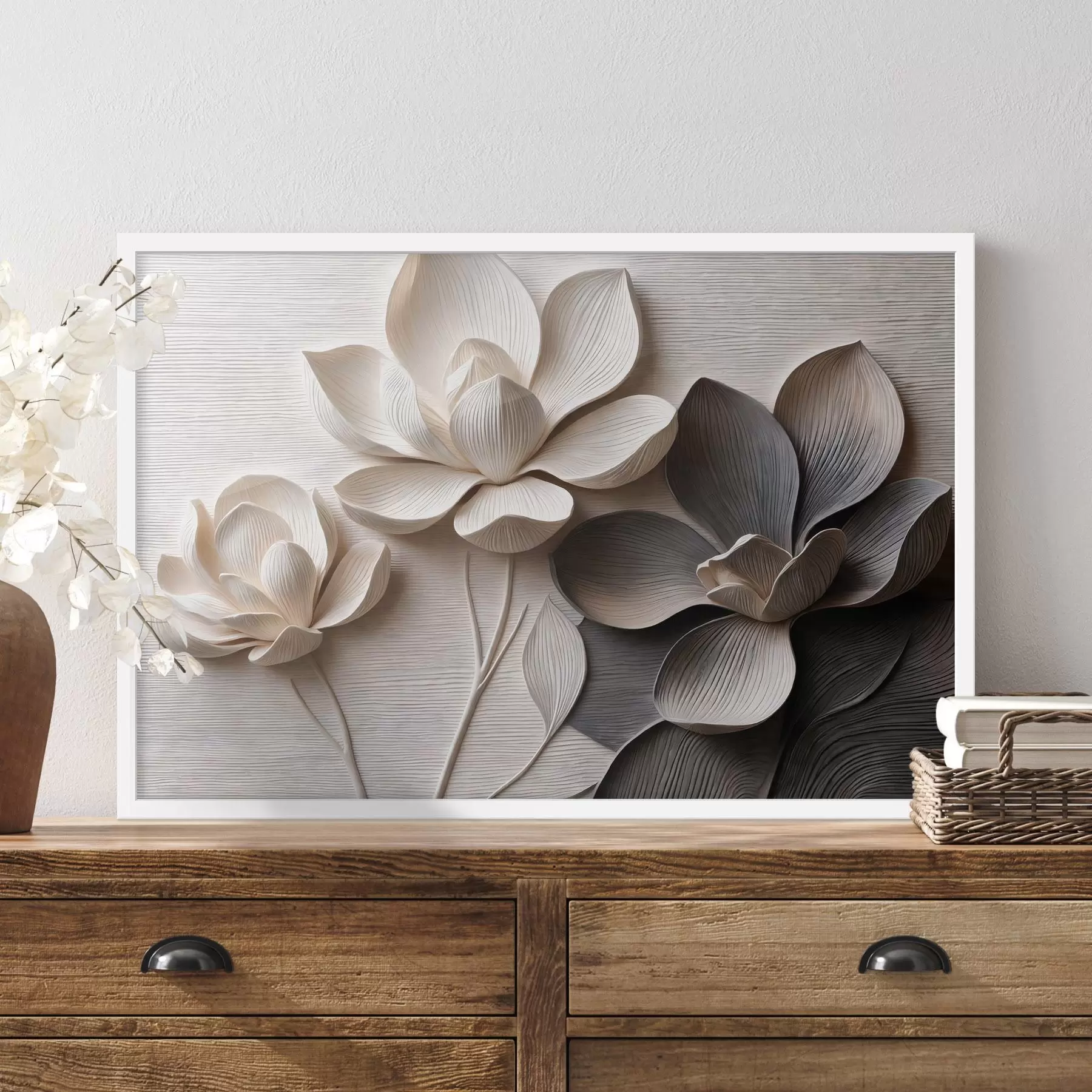 Papier peint Fleurs décoratives en relief dans des tons crème clair et graphite f50014