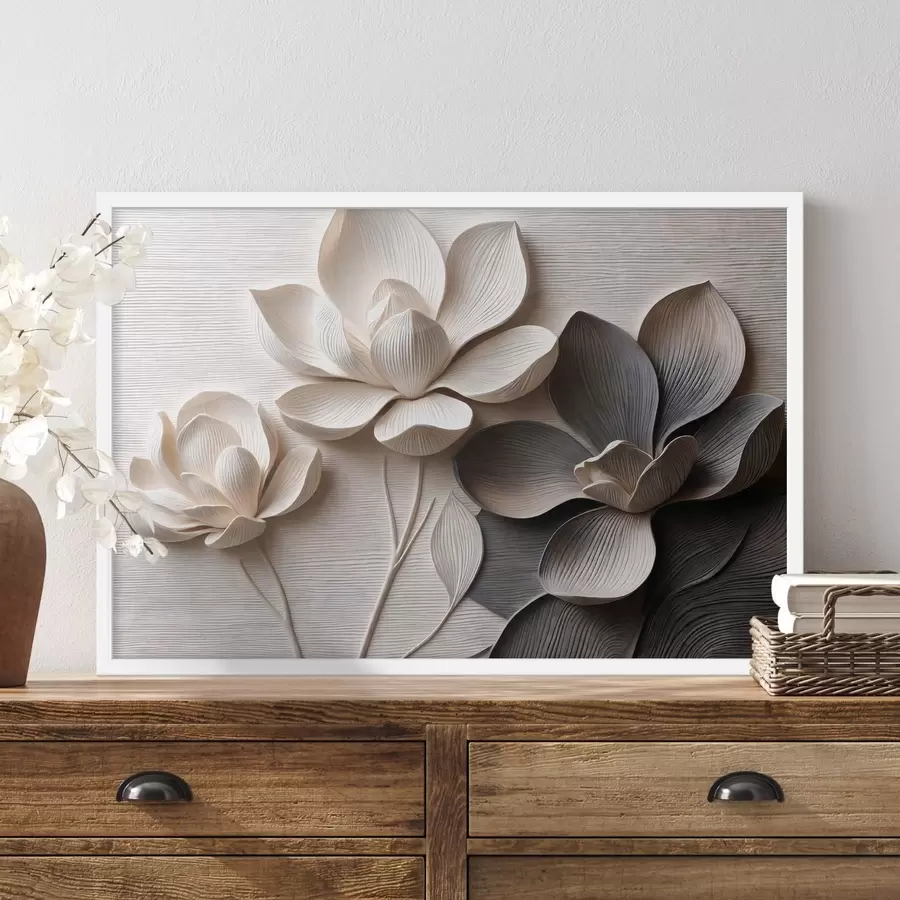 Papier peint Fleurs décoratives en relief dans des tons crème clair et graphite f50014