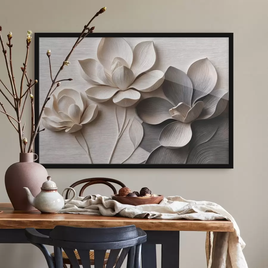 Papier peint Fleurs décoratives en relief dans des tons crème clair et graphite f50014