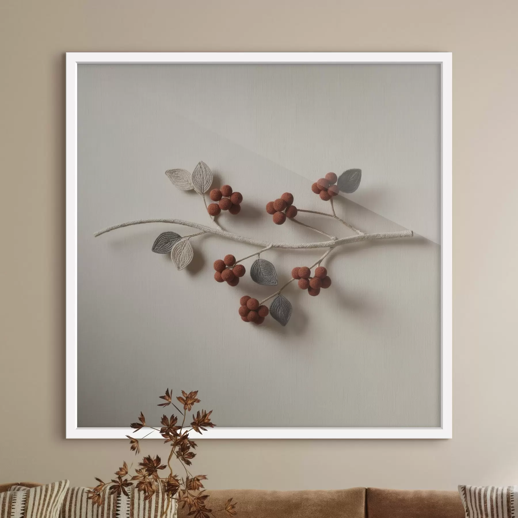 Papier peint Une branche décorative ornée de baies et de feuilles texturées, dans un style artistique contemporain f50016