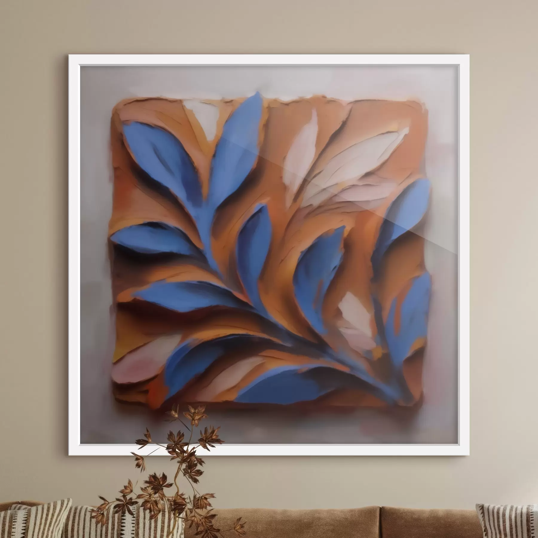 Papier peint Composition botanique en relief, avec des feuilles bleues sur fond de terre cuite, réalisée selon la technique de l'impasto f50018