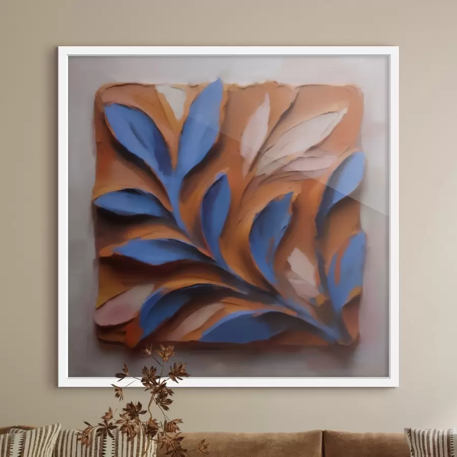 Papier peint Composition botanique en relief, avec des feuilles bleues sur fond de terre cuite, réalisée selon la technique de l'impasto f50018