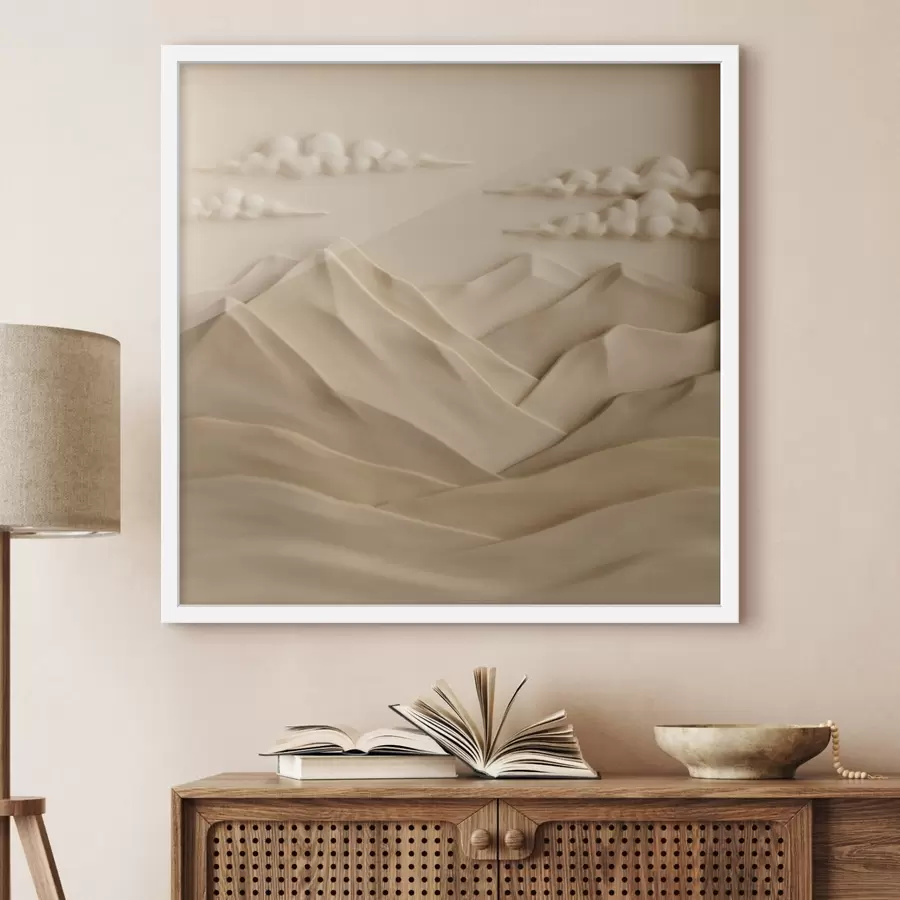 Papier peint Un paysage minimaliste avec des montagnes et des nuages en relief, dans un style contemporain f50019