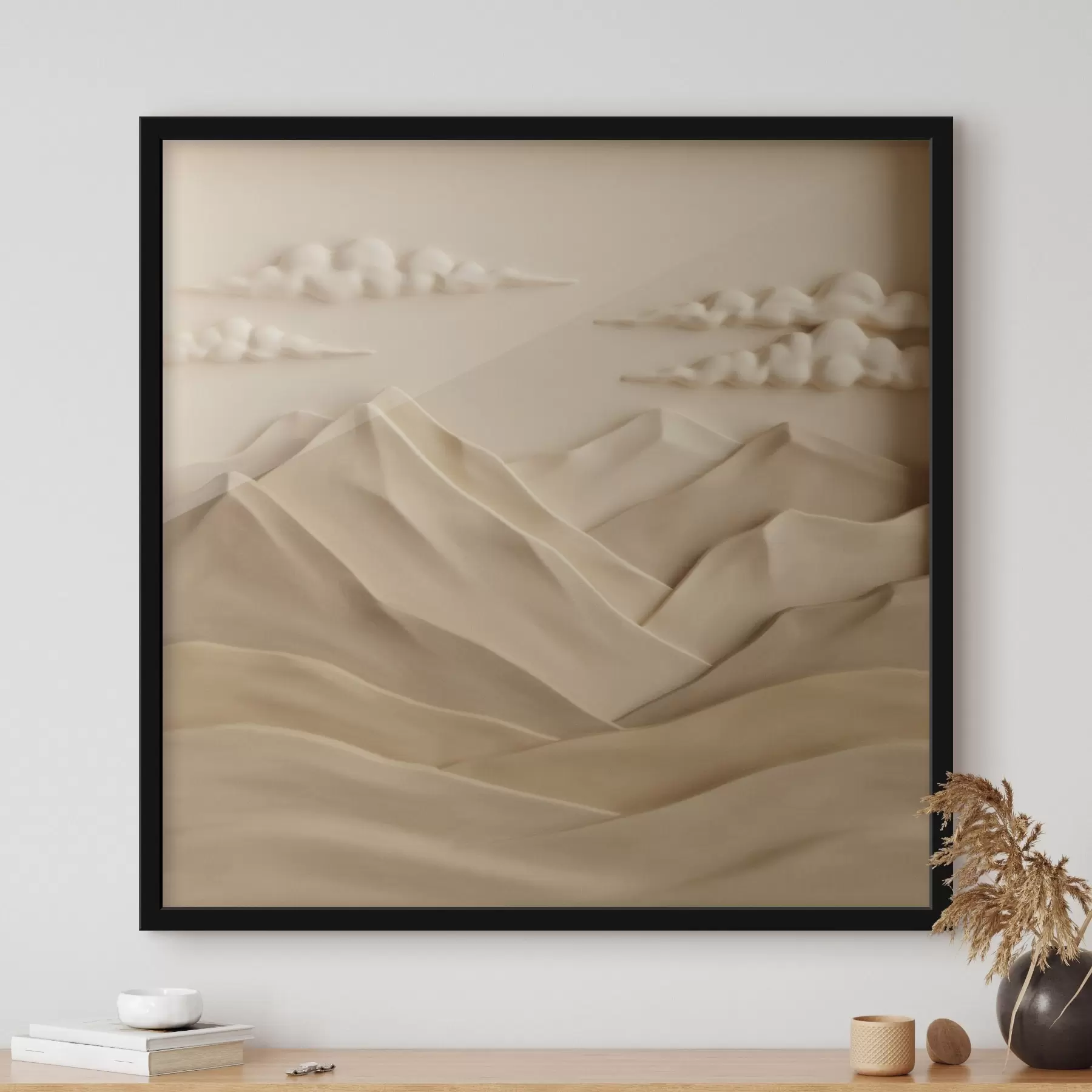 Papier peint Un paysage minimaliste avec des montagnes et des nuages en relief, dans un style contemporain f50019