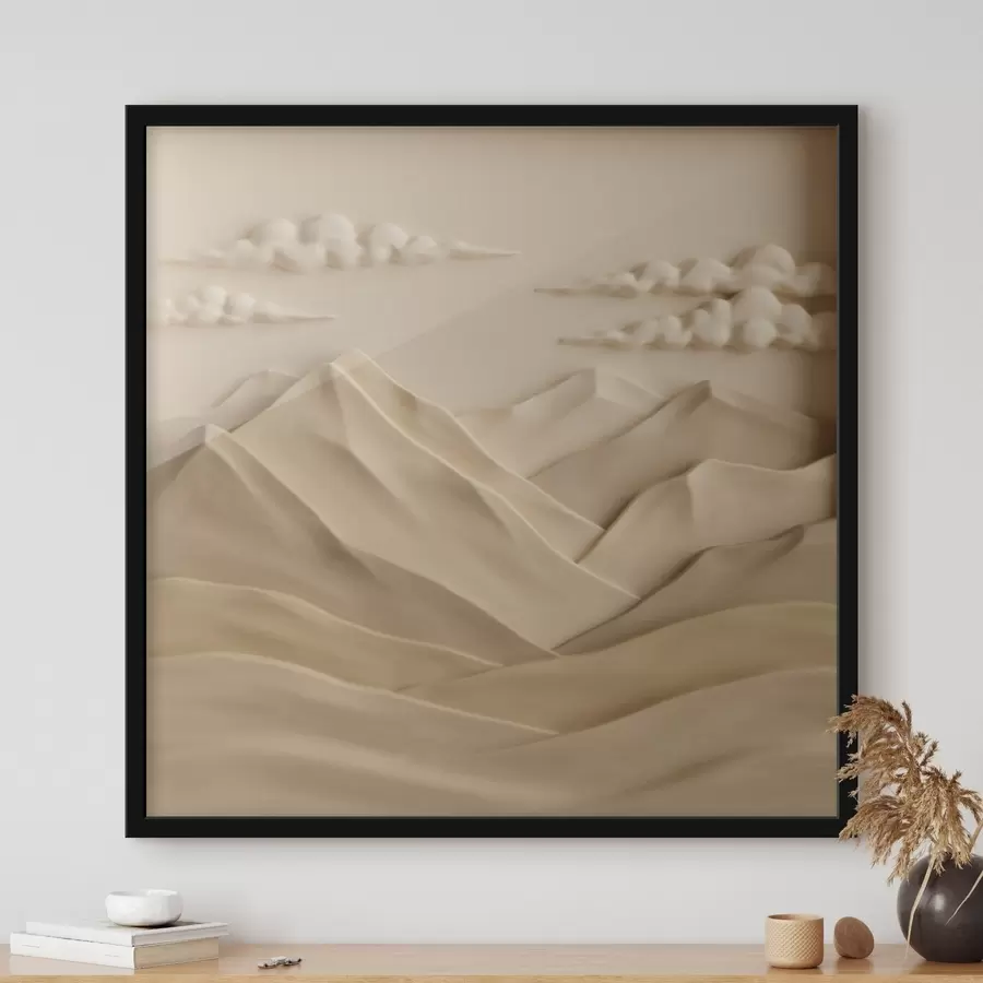 Papier peint Un paysage minimaliste avec des montagnes et des nuages en relief, dans un style contemporain f50019