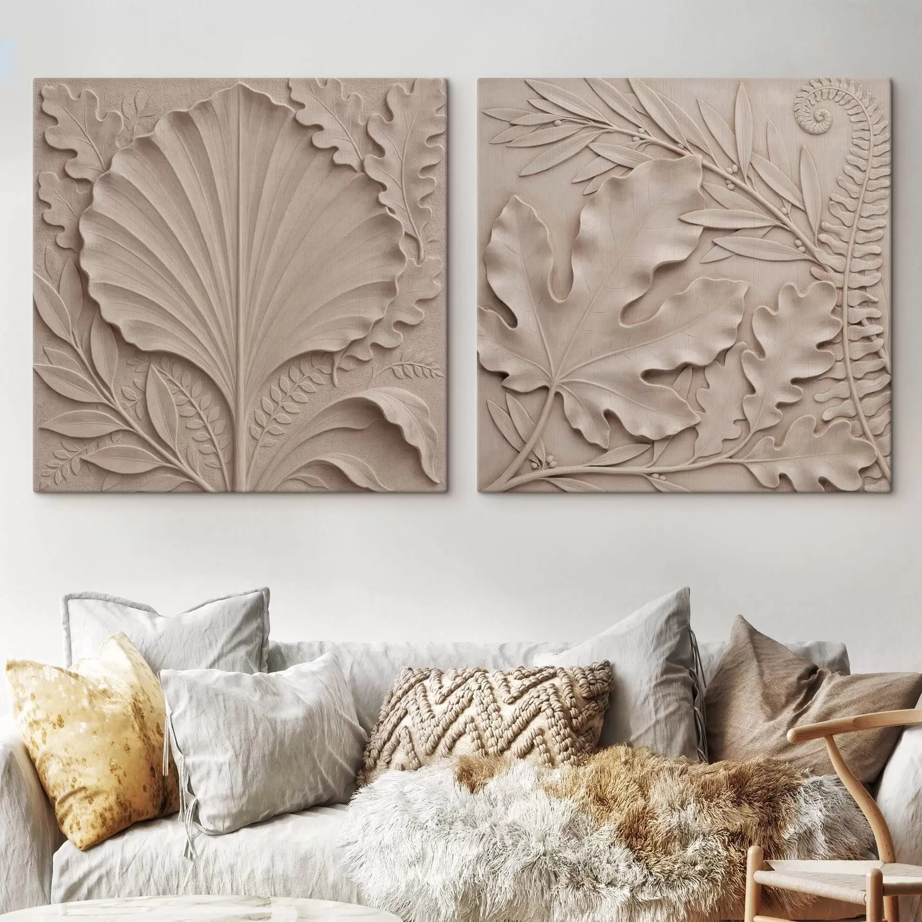 Tableau Un diptyque botanique en relief, orné de feuilles texturées, dans une palette de tons beiges et sable m30762