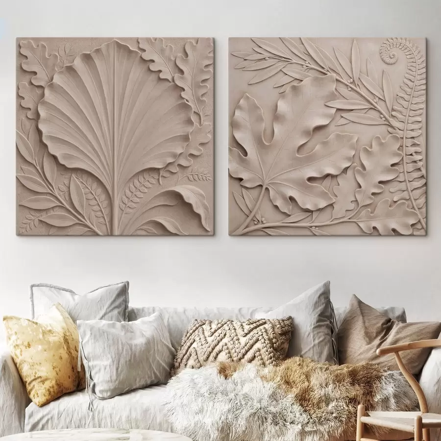 Tableau Un diptyque botanique en relief, orné de feuilles texturées, dans une palette de tons beiges et sable m30762