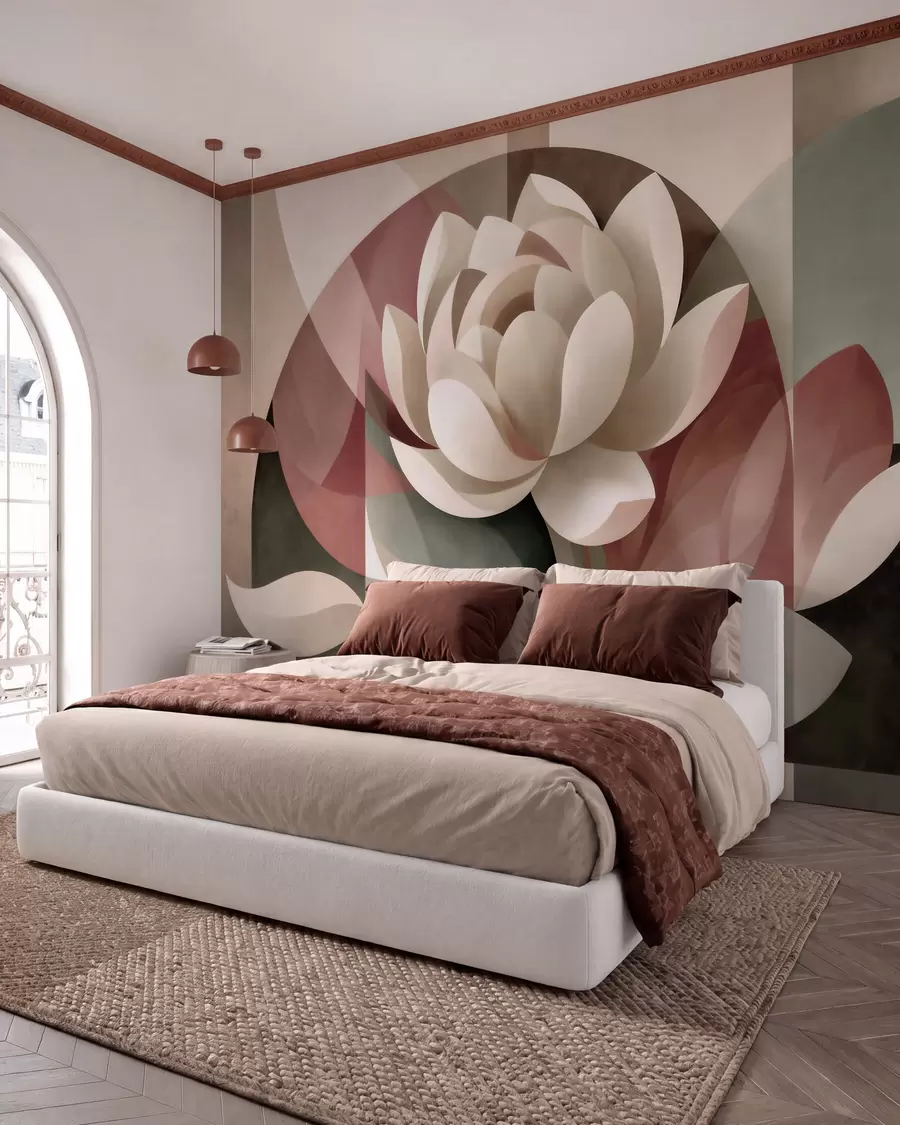 Papier peint Grande fleur abstraite réalisée selon une technique géométrique à facettes, dans une palette de tons poudrés et émeraude atténués w10035