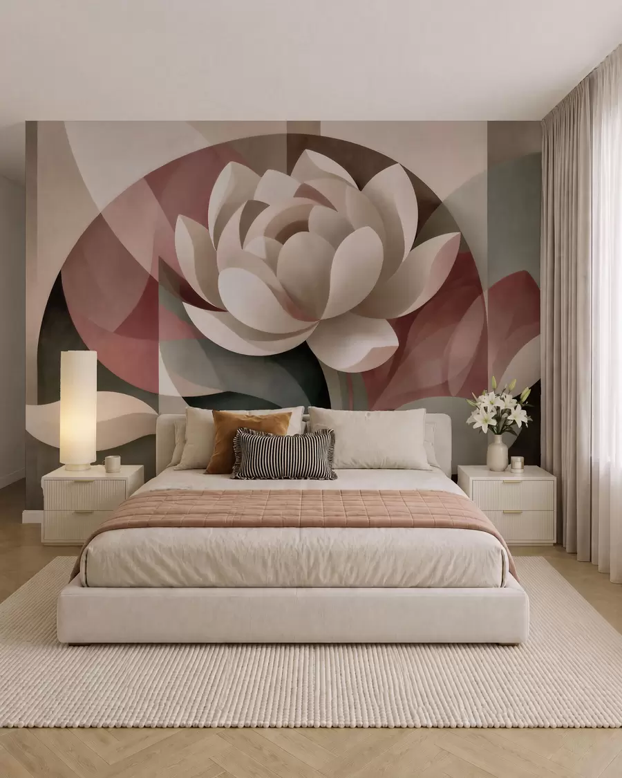 Papier peint Grande fleur abstraite réalisée selon une technique géométrique à facettes, dans une palette de tons poudrés et émeraude atténués w10035