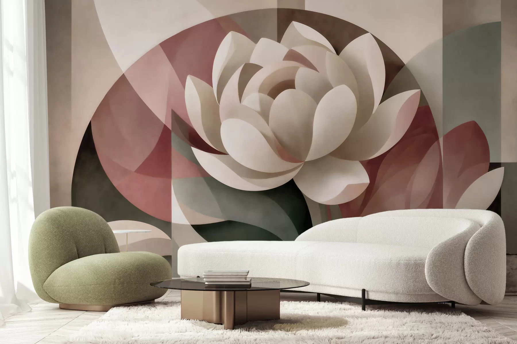 Papier peint Grande fleur abstraite réalisée selon une technique géométrique à facettes, dans une palette de tons poudrés et émeraude atténués w10035
