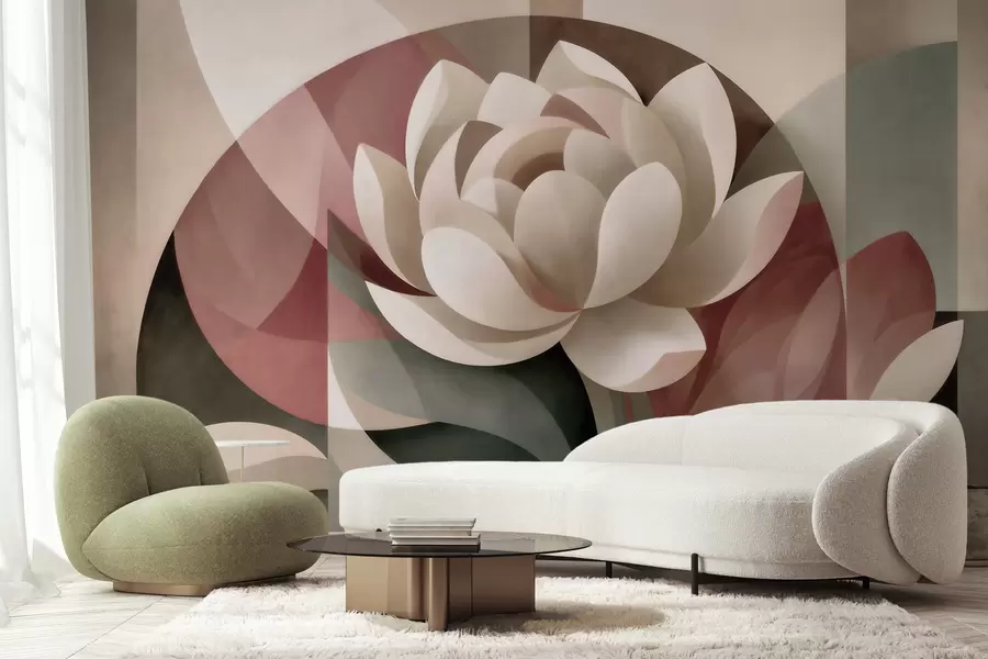 Papier peint Grande fleur abstraite réalisée selon une technique géométrique à facettes, dans une palette de tons poudrés et émeraude atténués w10035