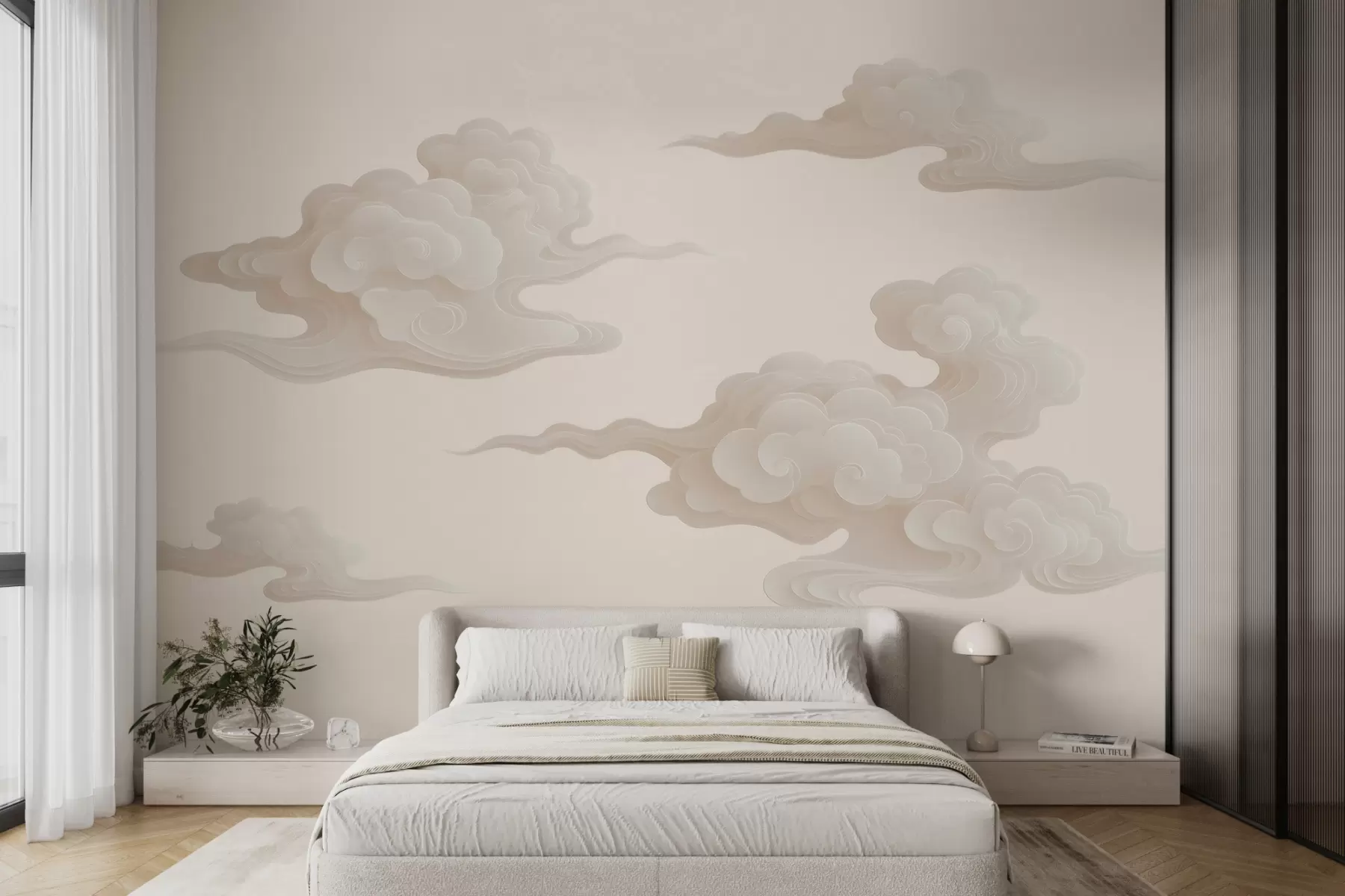 Papier peint Nuages orientaux minimalistes dans des tons beige-crème w10036