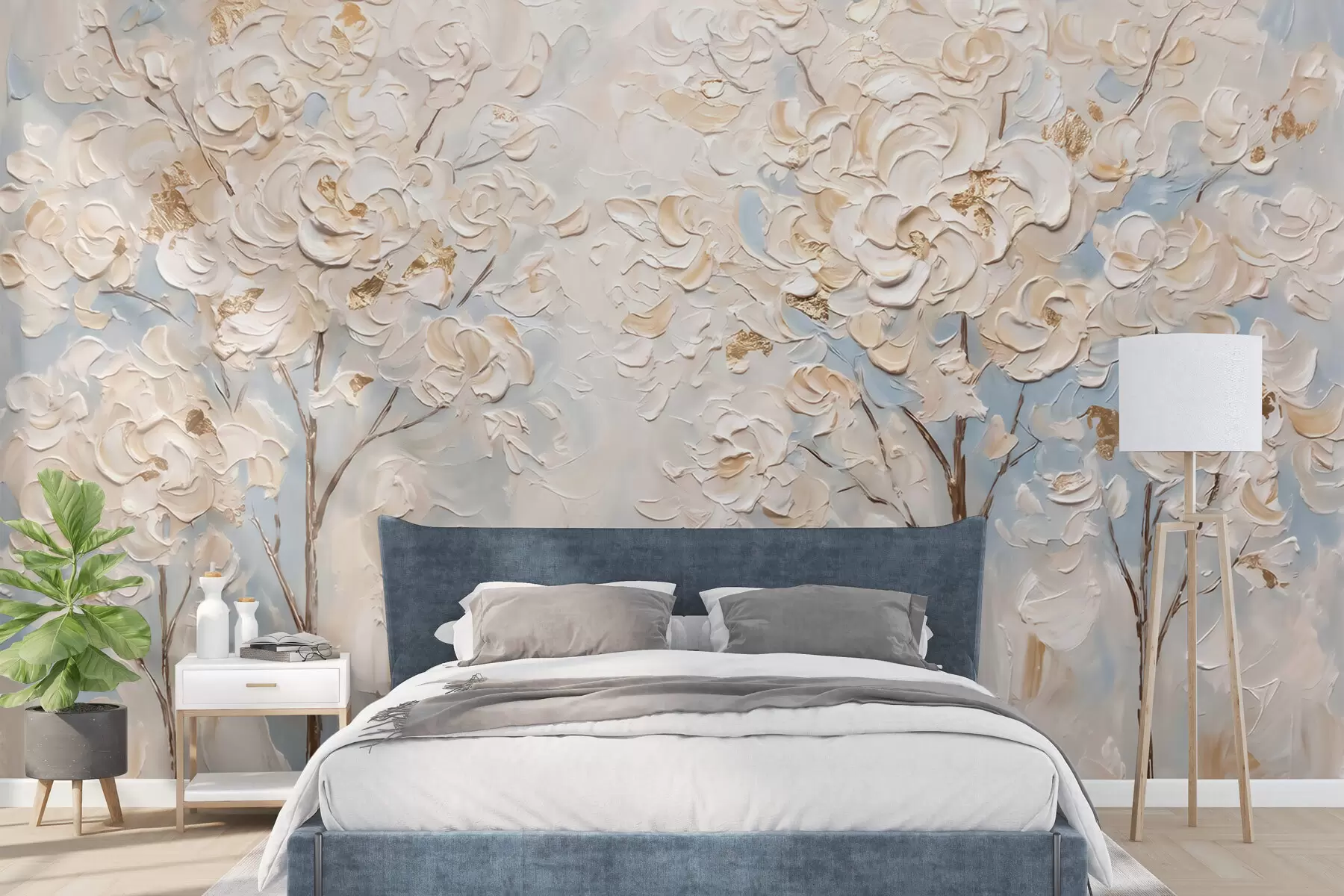 Papier peint Arbres aux fleurs blanches abondantes, imitation de peinture à l'huile w10039