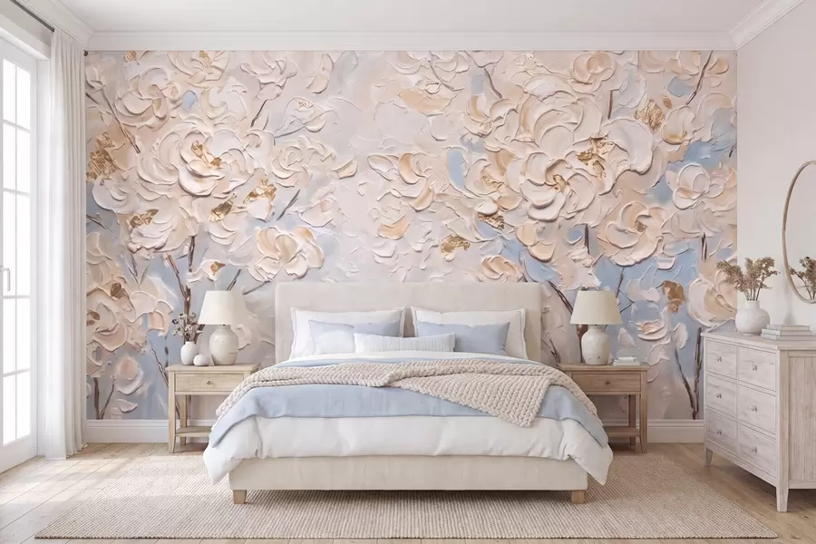 Papier peint Arbres aux fleurs blanches abondantes, imitation de peinture à l'huile w10039