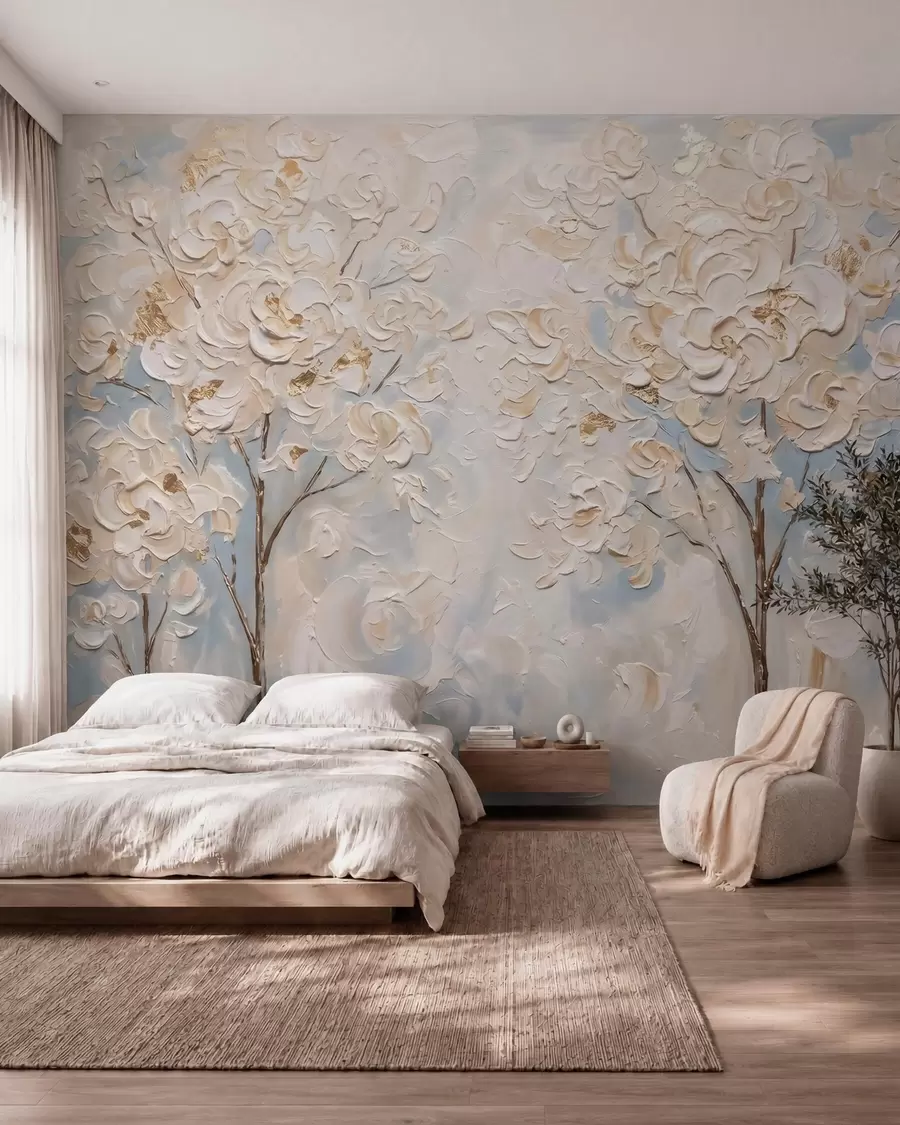 Papier peint Arbres aux fleurs blanches abondantes, imitation de peinture à l'huile w10039