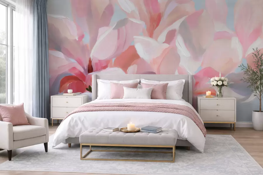 Papier peint Gros plan sur un magnolia rose, imitation d'une technique picturale douce w10043