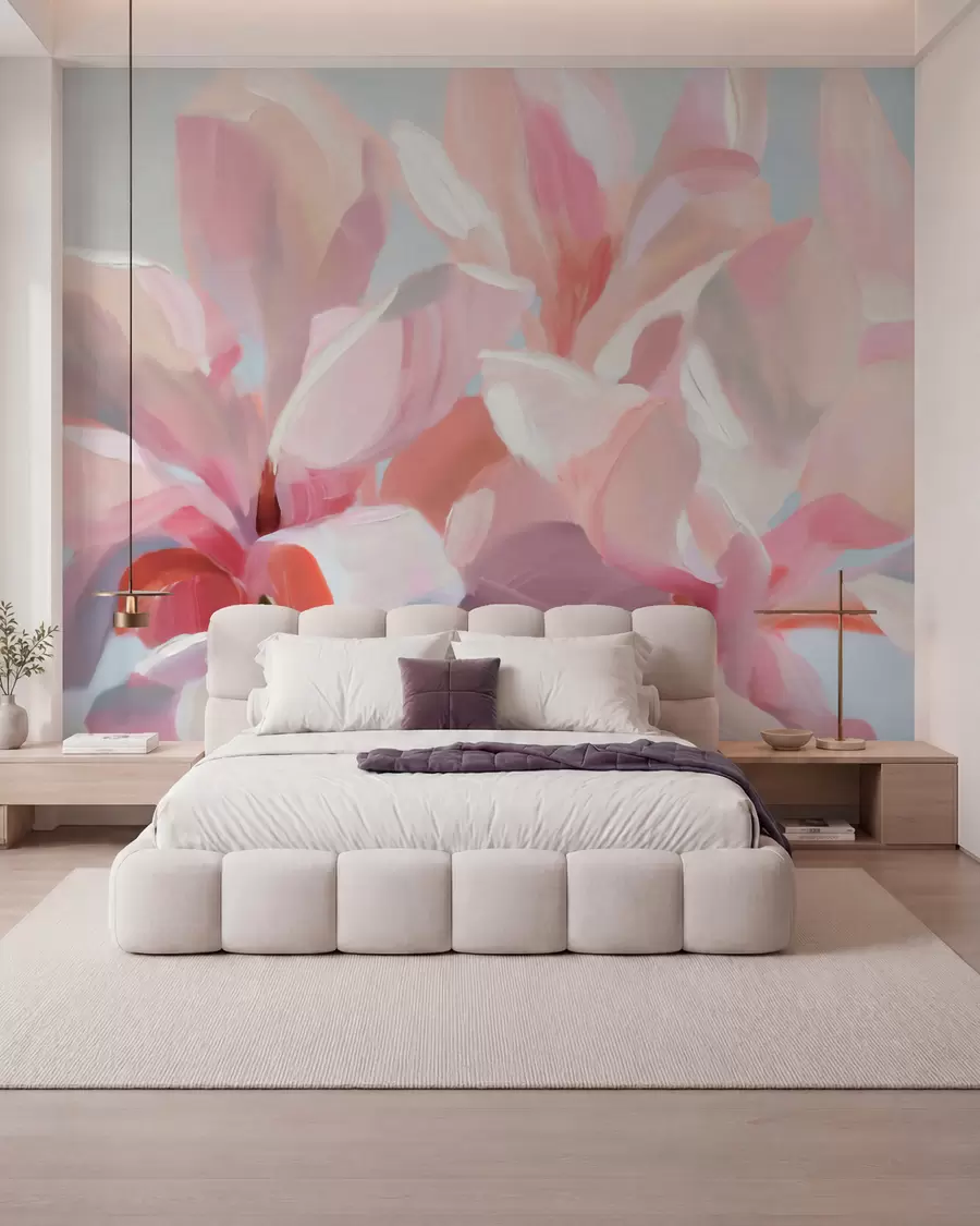 Papier peint Gros plan sur un magnolia rose, imitation d'une technique picturale douce w10043
