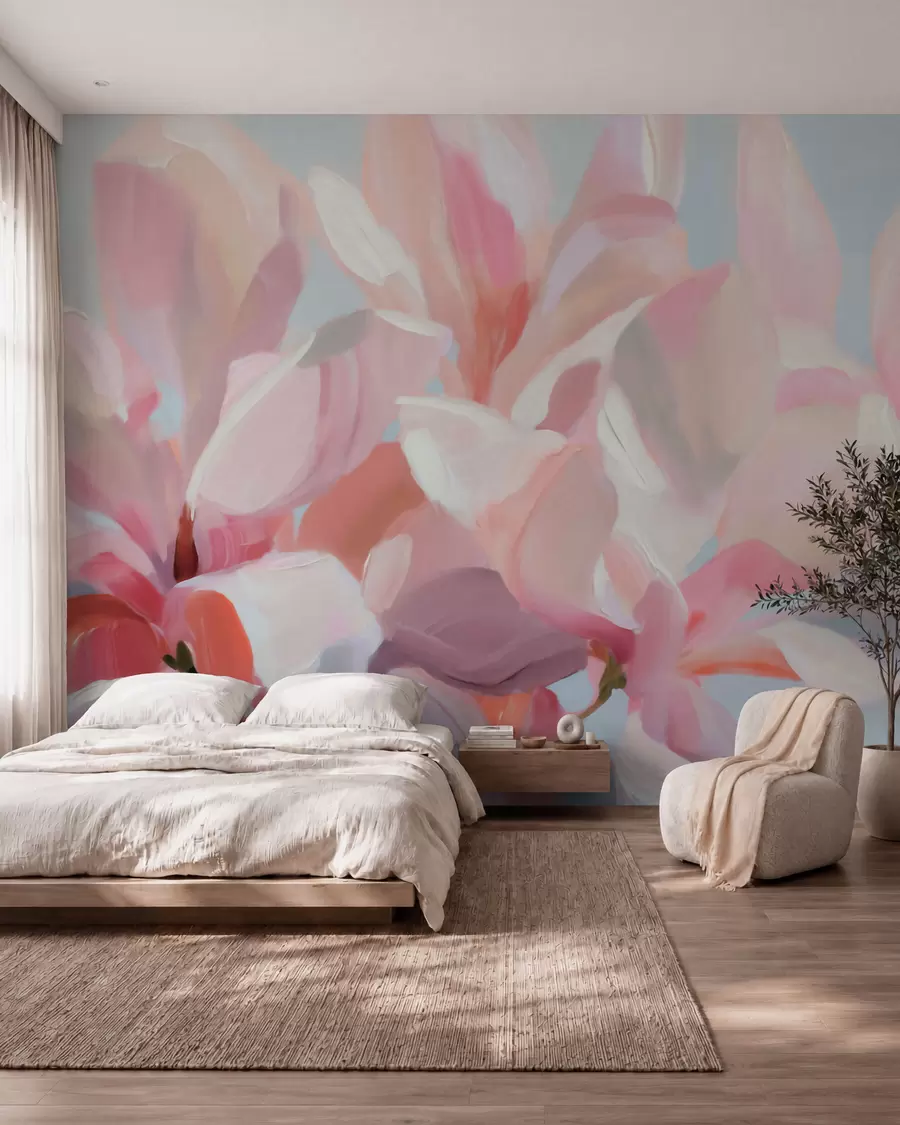 Papier peint Gros plan sur un magnolia rose, imitation d'une technique picturale douce w10043