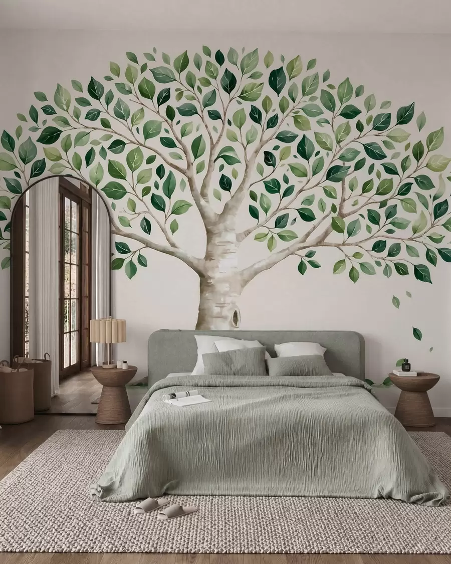 Papier peint Arbre au feuillage vert, style aquarelle, minimaliste w10046